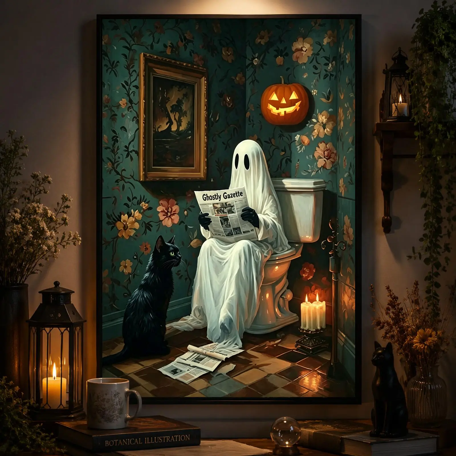 High-Detail Print Cute Spooky Ghost & Black Cat 1-Piece Framed Canvas Wall Art Poster, Made-To-Order Multi-Size Vintage Home Decor, Whimsical Halloween Gift with Protective Wrap for Bathroom Bedroom, Frame, One-Piece