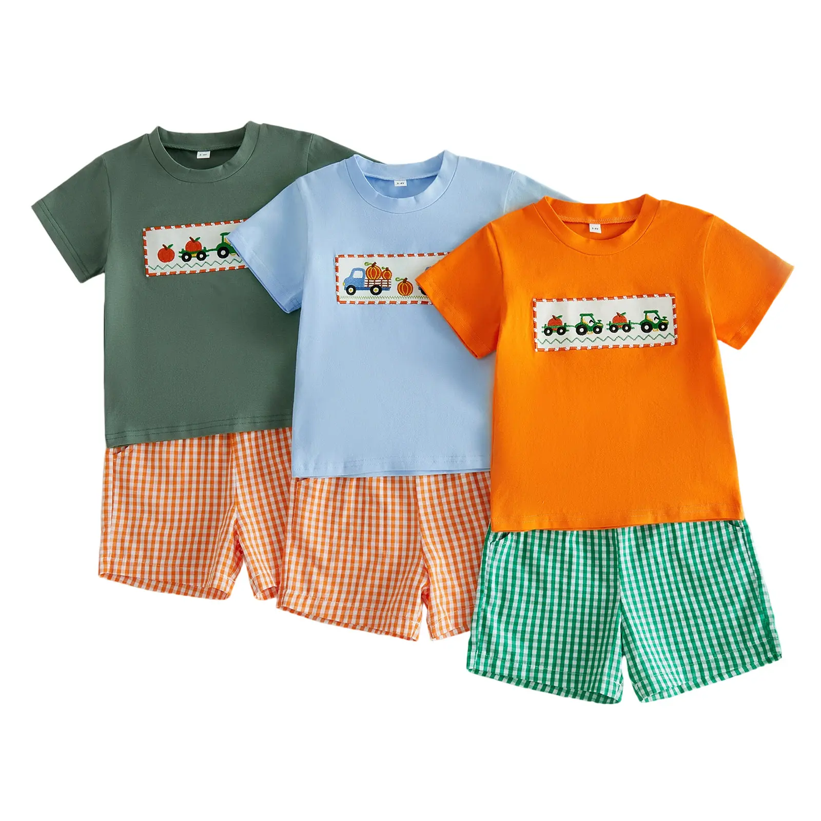 Toddler Baby Little Boy Outfit Short Sleeve Pumpkin Embroidery Tops and Plaid Shorts 1-5 Years