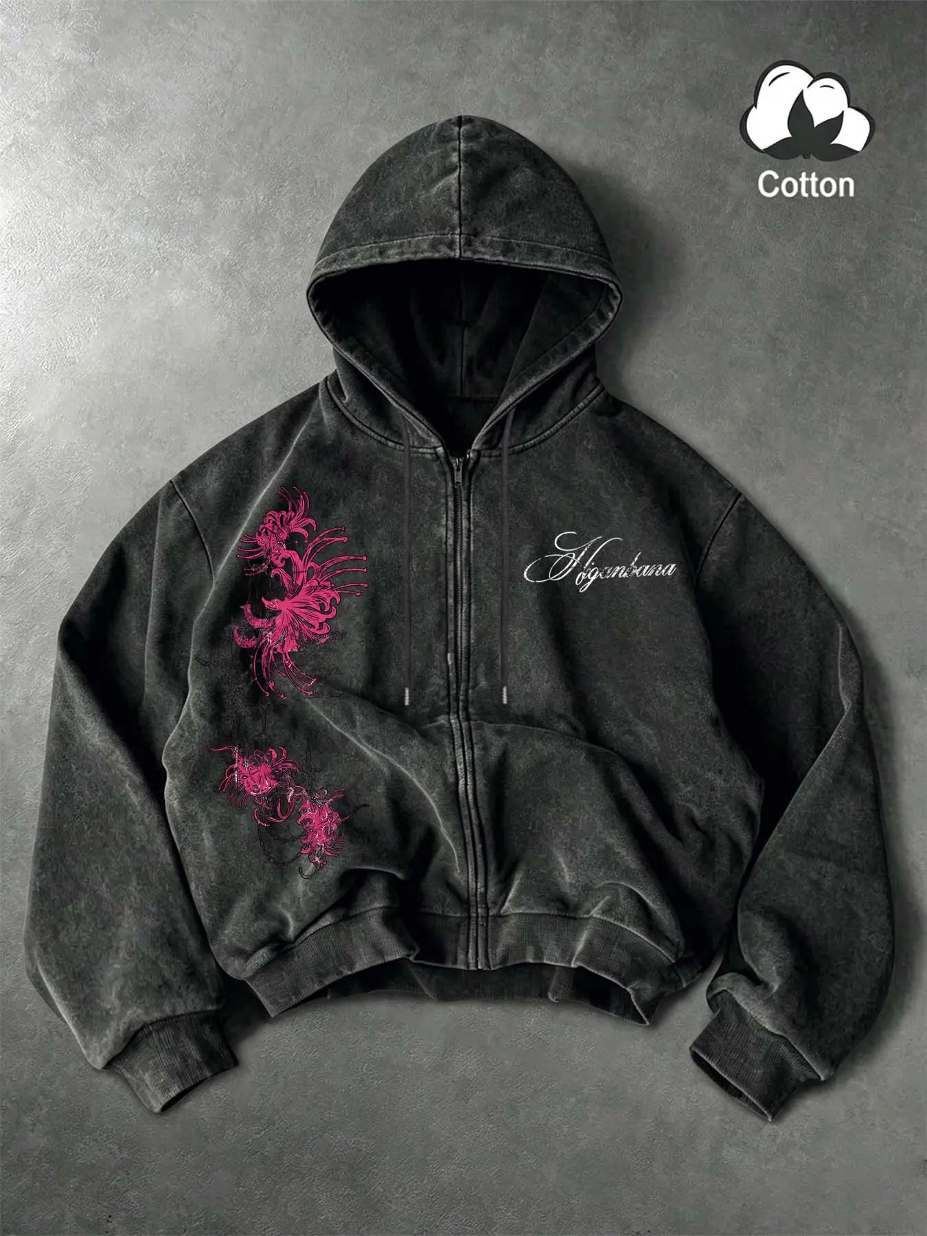 Vintage washed black zip-up hoodie with pink red spider lily letter pattern, Gothic Y2K street style. Perfect for street shots, nightlife, skateboarding, and everyday outfits. #ZipHoodie #GothicStreetStyle