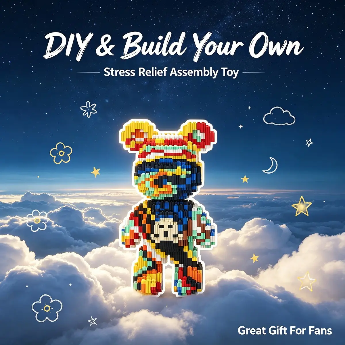 Cloud Sea Starry Multi-Color Lucky Bear 3D Puzzle Block Decor, Ideal for Home Office Party Decoration, Perfect Gift for Holidays