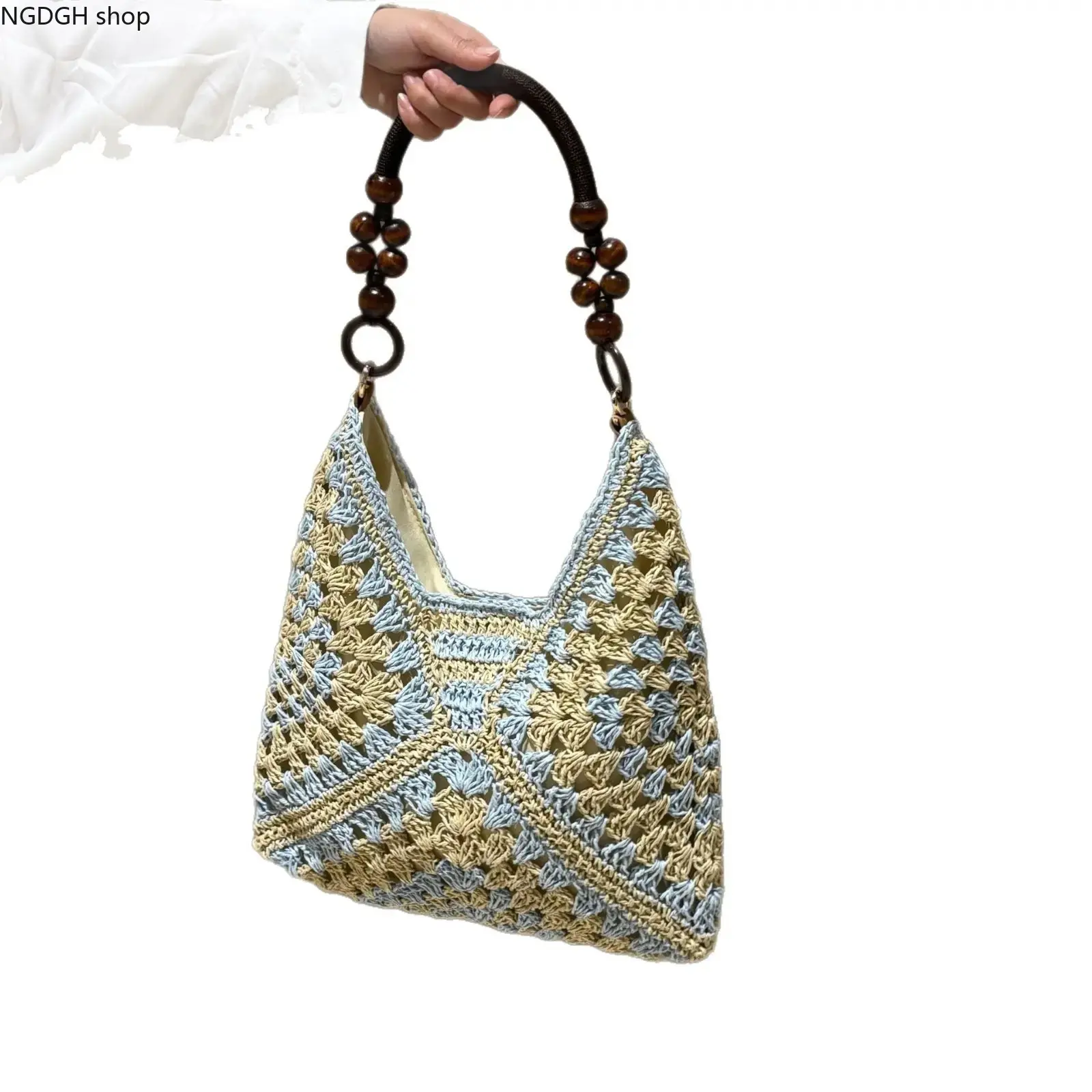 Crochet Shoulder Bag Wooden Bead Handle Hobo - Chic Blue Beige Macrame Woven Tote Bag, Lightweight Breathable Boho Design Perfect for Beach Vacation Summer Travel & Everyday Outings