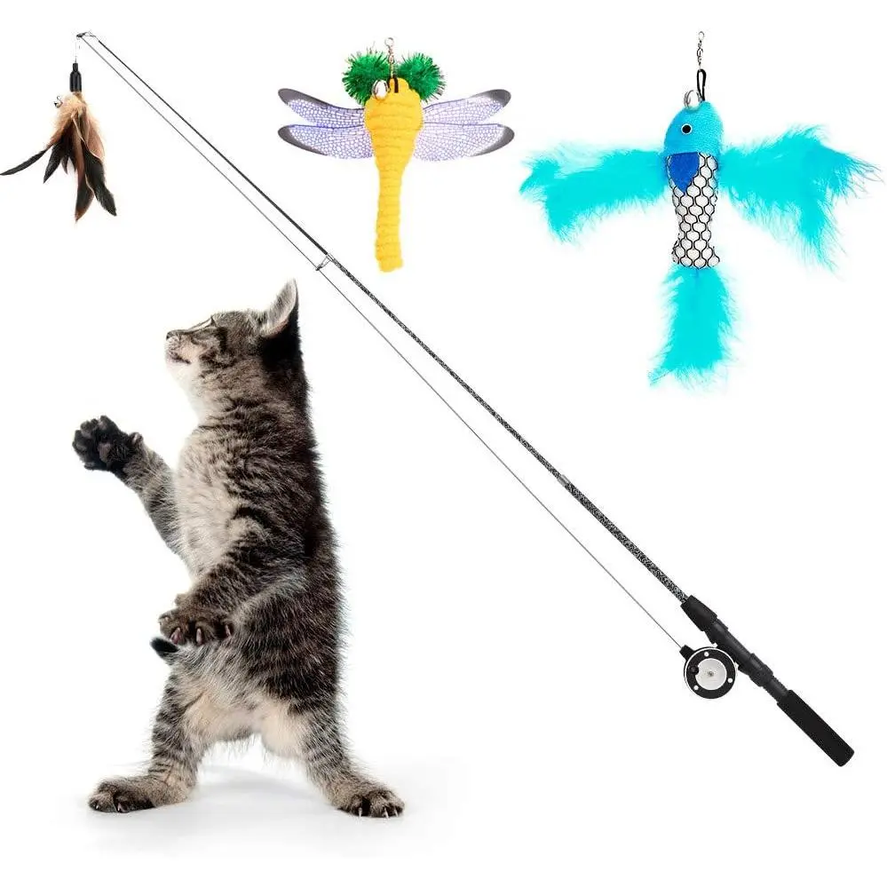 4 Pack Retractable Cat Feather Wand Toys, Interactive Fishing Pole Teaser Wand with Bell Fish Dragonfly Worm Refills, Exercise Play Catcher Toy for Kittens & Indoor Cats,Rechargeable,Chirping,Flapping,Bird,Smitten,Interactive Soft Toy,automatic,cat toy