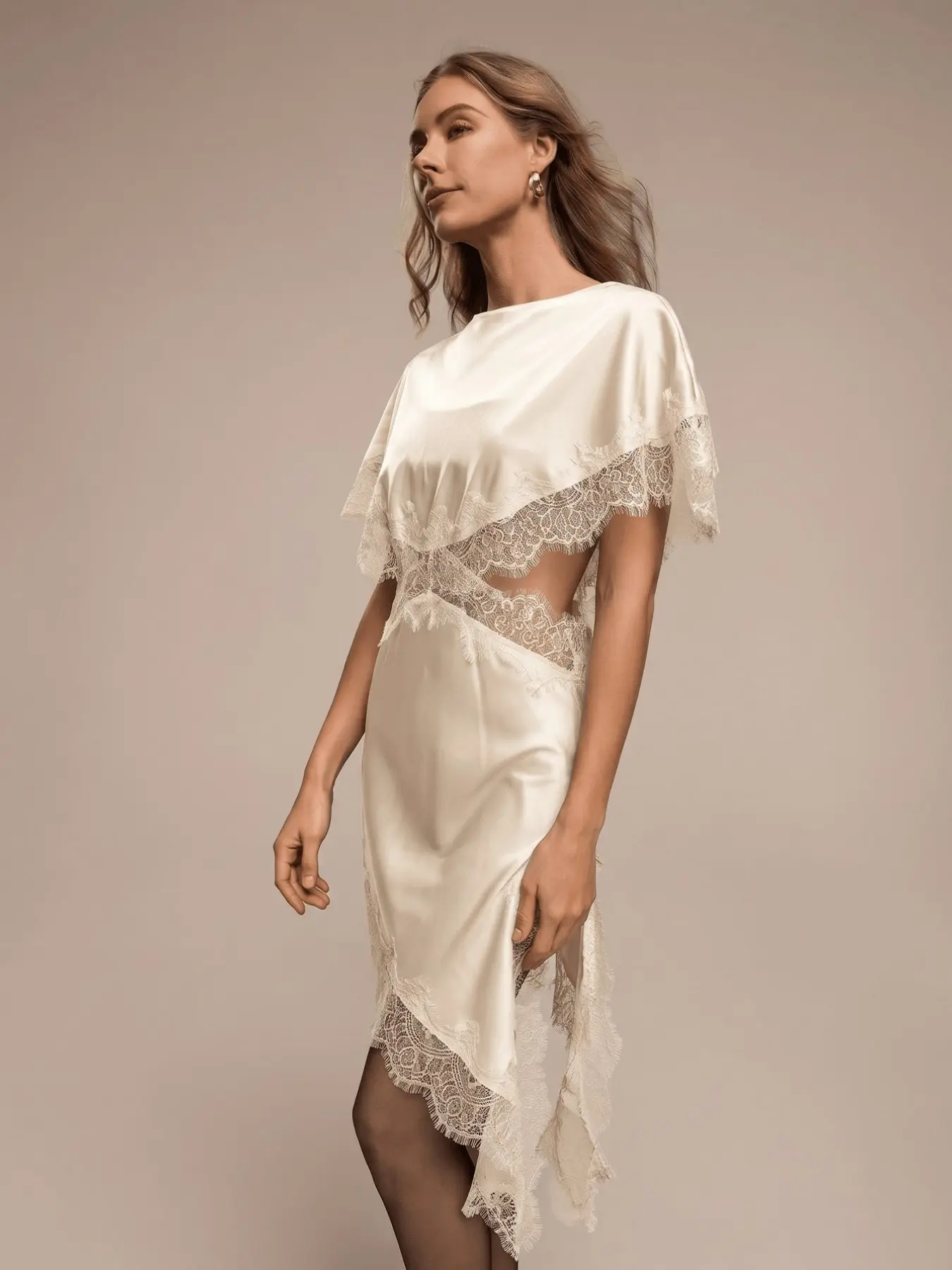 Women's Summer Sexy Lace Trim Satin Dress, Round Neck Loose Shoulder Patchwork Asymmetrical Hem, Hollow Out Waist, Casual Vacation Date Chic Dress, Casual Wear, Sun Dress