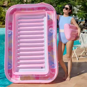 Large Inflatable Float Mat with Pillow and Cup Holder, Adult Water Float Bed for Pool, Beach, Garden, Outdoor Lake Vacation