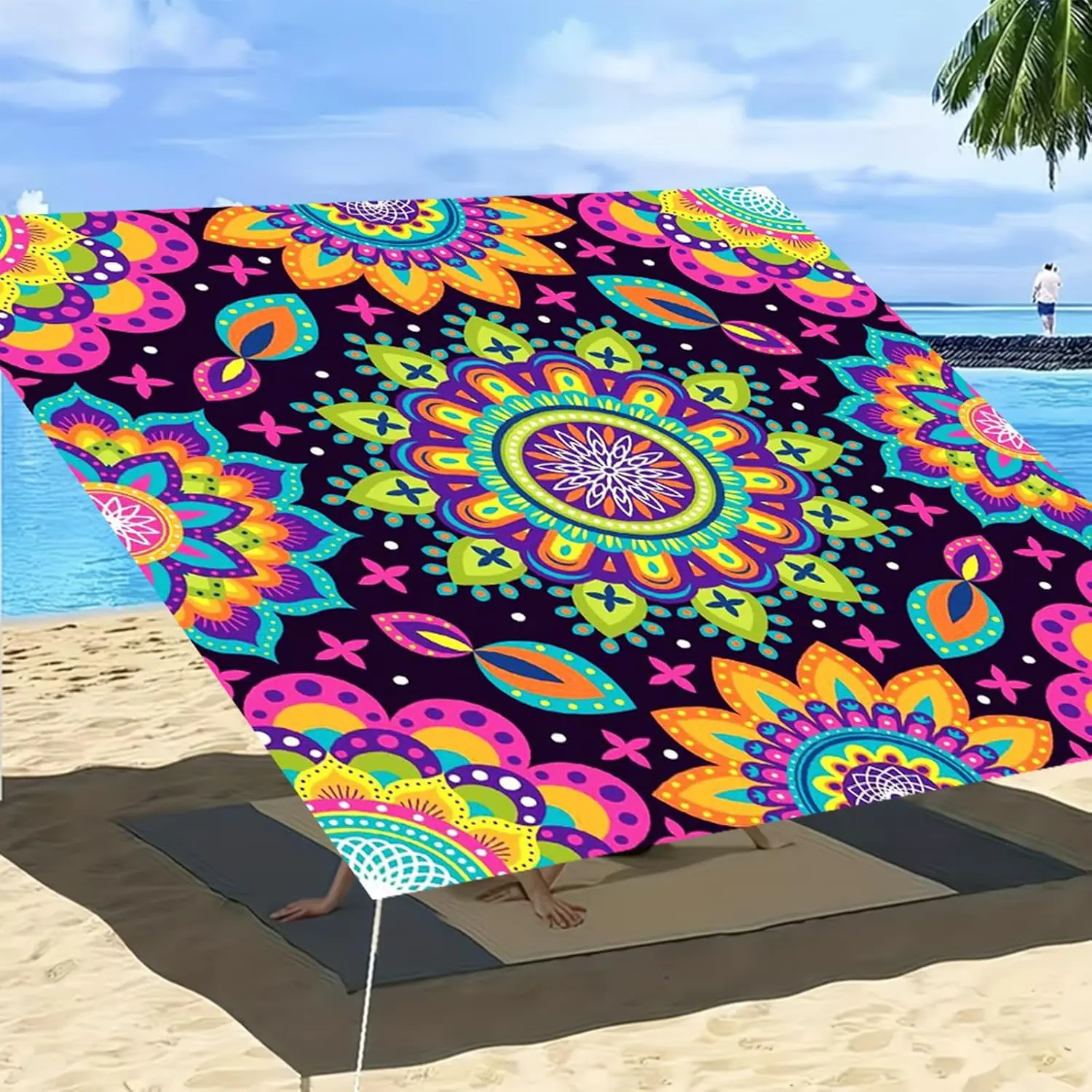 1pcs Camping Awning Psychedelic Rainbow Mandala Pattern Durable Lightweight and Portable Outdoor Awning for Beach Picnic  All Season Use Colorful and Durable Outdoor Accessory