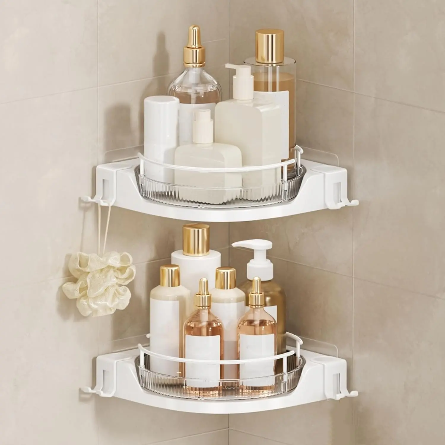 360°Rotating Corner Shower , No-Drill Adhesive Shelf with Hook | Lazy Susan Storage for Bathtub, Shower Corner & Kitchen Sink, Space Saving Bathroom Organizer