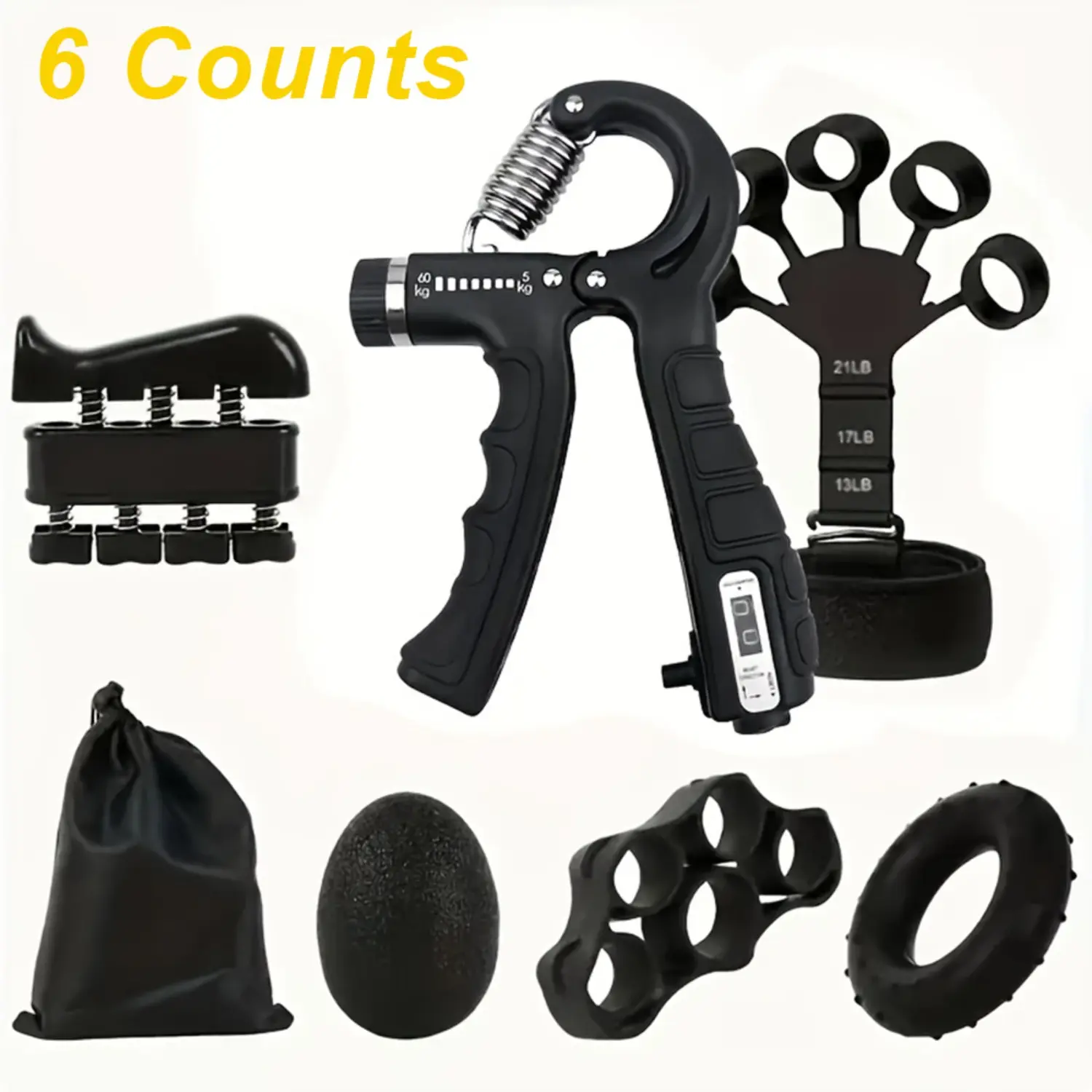 6PCS Grip Strength Trainer Kit with Adjustable Resistance and Counter, Hand Finger Wrist Forearm Workout Set Strength Training Equipment for Home Gym Athletes and Office Use Handgrip