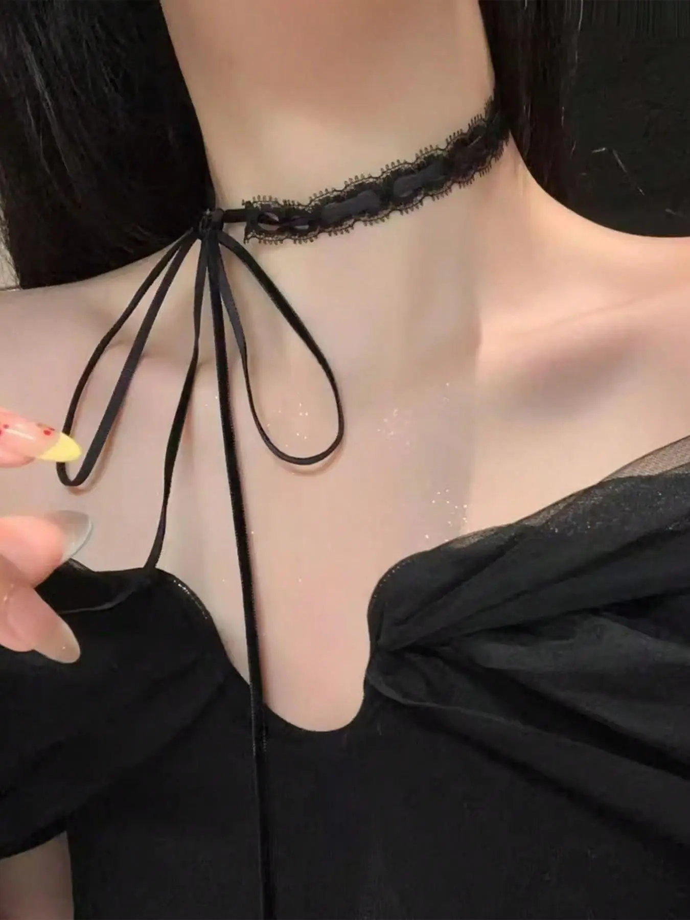 Lace Choker Necklace, Adjustable Long Ribbon Bow Tie, Elegant Geometric Pattern, All Seasons Fashion Jewelry