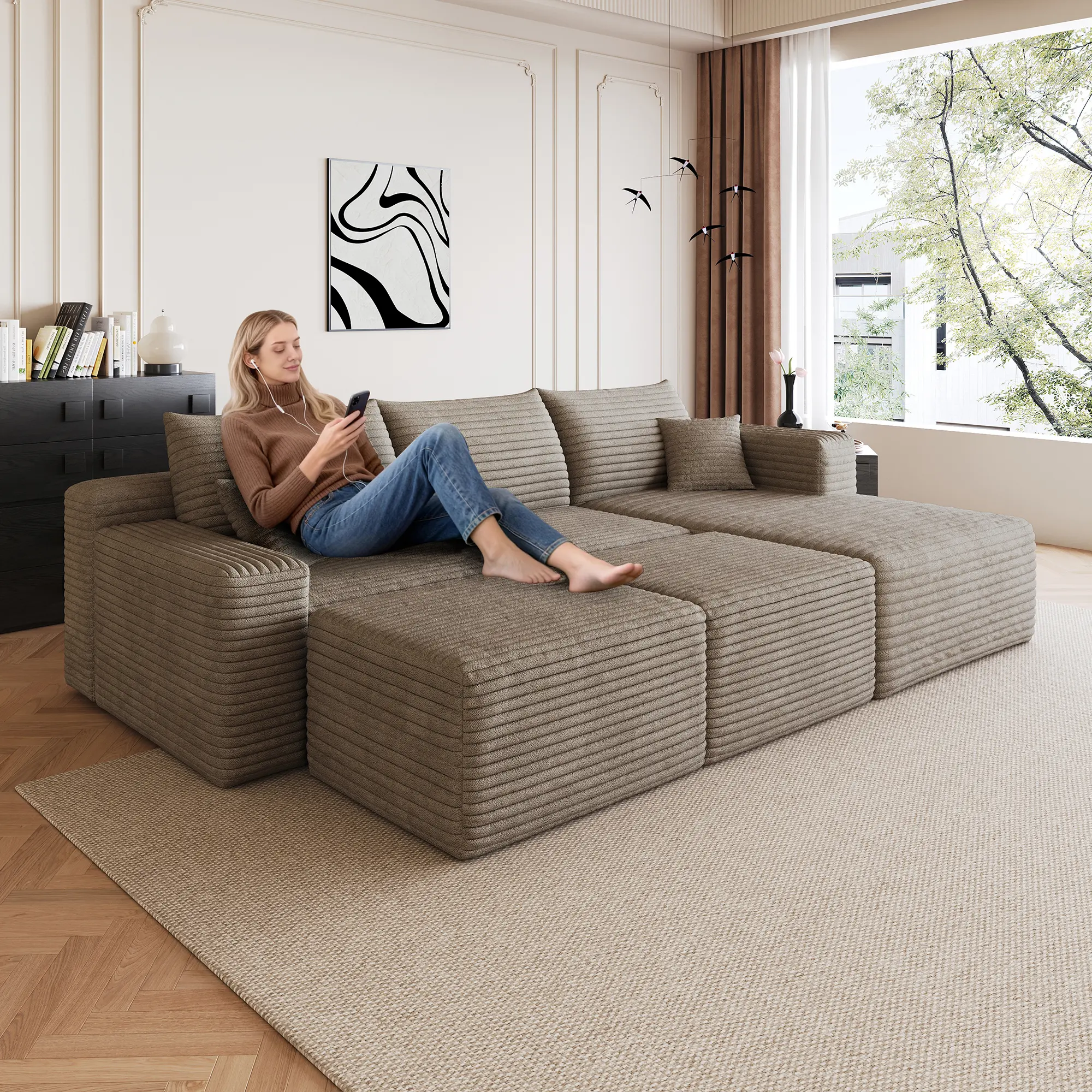 ARCH 95" Cloud Sectional Sofa with 2 Ottomans, U Shaped Couch for Living Room, Deep Seat Corner Sofa, Modern Minimalist Upholstered Sofa, Plush Corduroy Fabric, Camel Color, No Assembly Required, Living Room Furniture for Apartment, Lounge