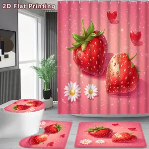 2D Flat 1/4pcs Strawberry Shower Curtain Set, Pink and Red Strawberry Bathroom Decor, Accessories with Bath Mat, U-shaped Mat, Toilet Lid Cover, Shower Curtain Includes Hooks, Sweet Strawberry Design, Home Decor, Bathroom Accessories., 2D Flat