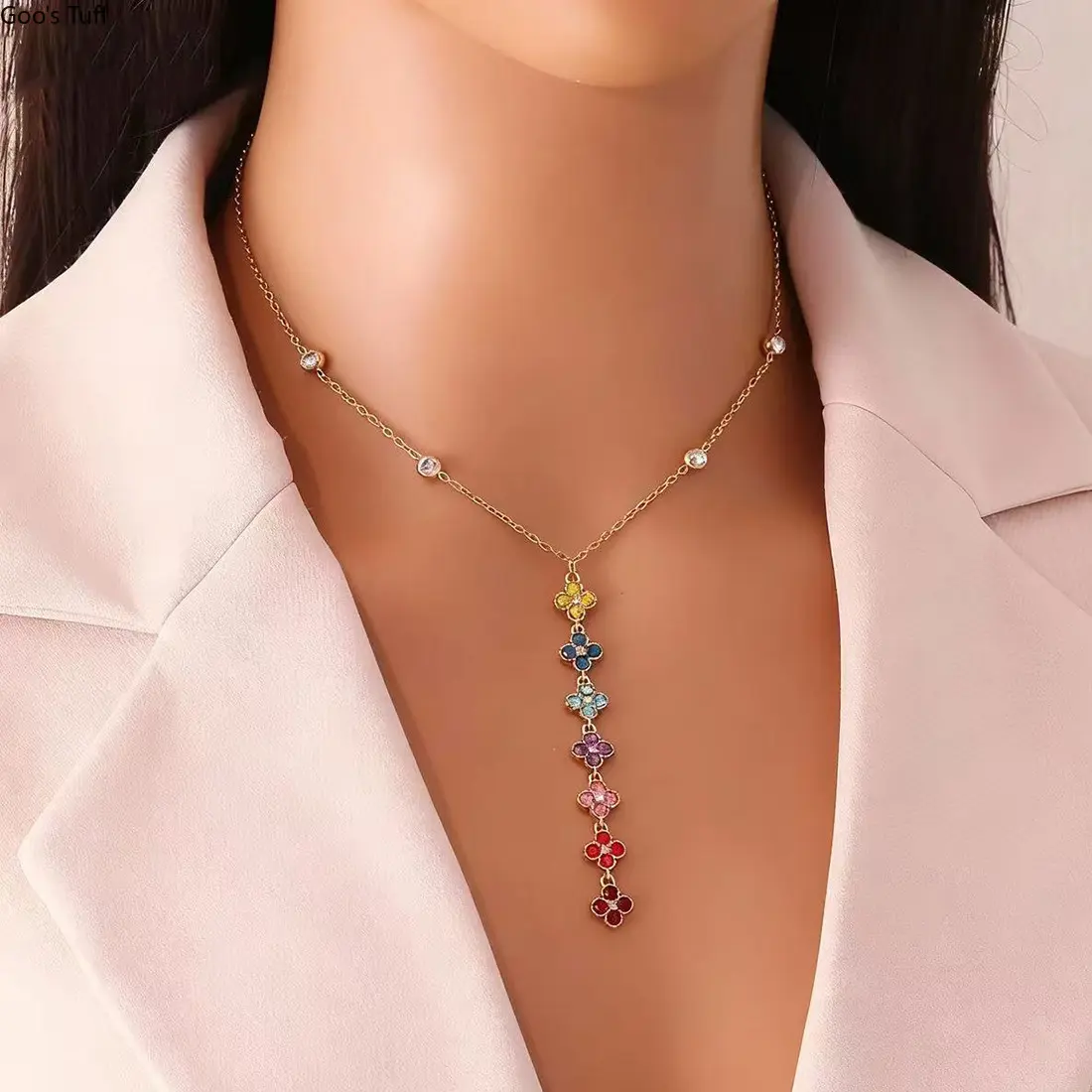 Women's Non-Tarnish Stainless Steel 4-Leaf Flower Pendant Necklace, Elegant Colorful Micro-Paved, Auspicious Premium Stackable Daily Fashion Jewelry Gift, Non Tarnish Jewelry