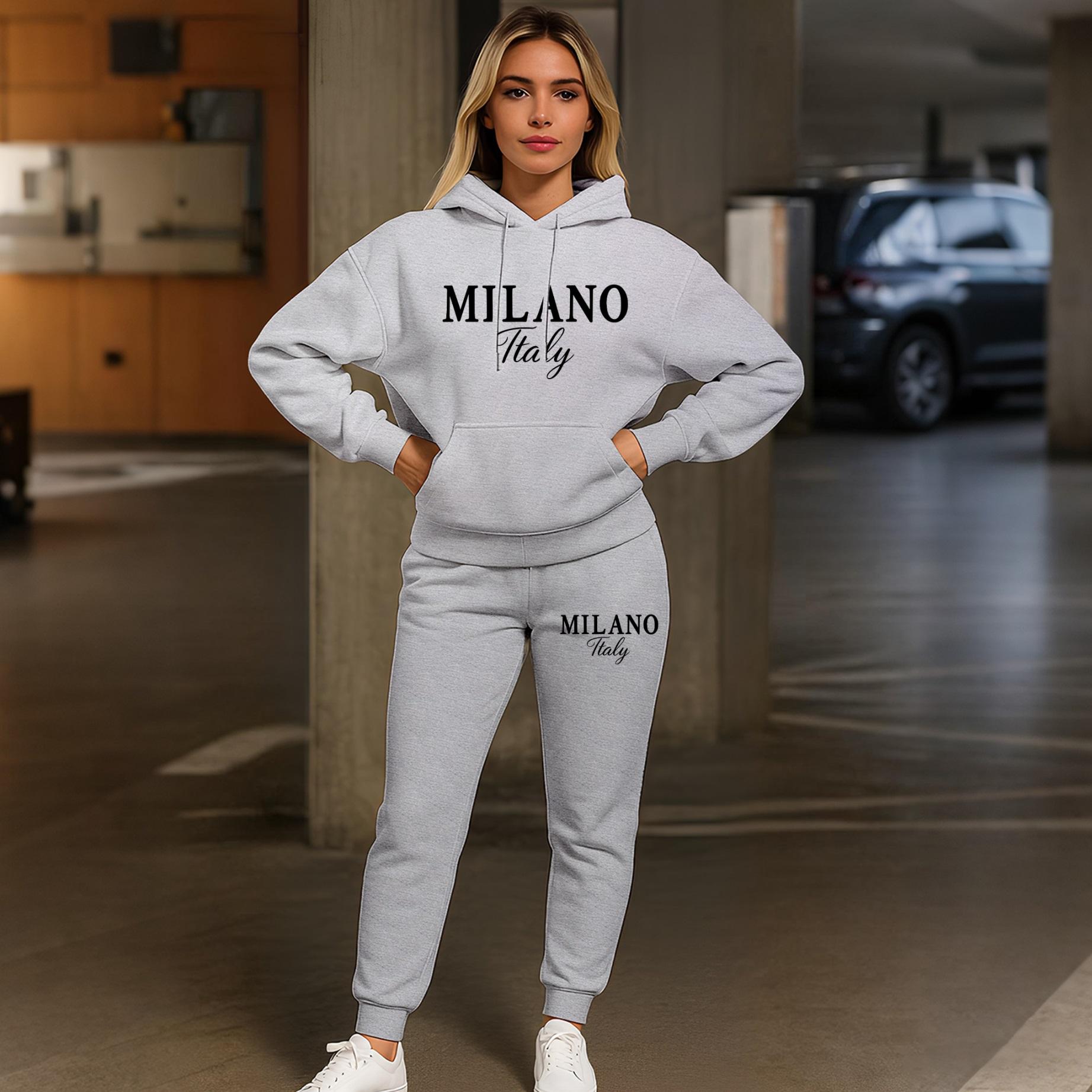 Women's MILANO Print Hoodie & Jogger Set, Long Sleeve Hooded Sweatshirt + Drawstring Pants, Fall/Winter Casual Sportswear, Comfortable Streetwear Tracksuit for Indoor & Outdoor