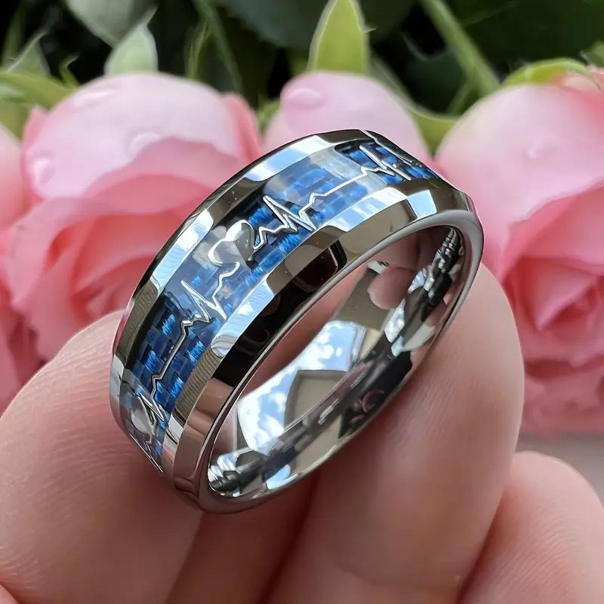 New Fashionable 8mm Stainless Steel Ring, Heartbeat Design with Carbon Fiber - Wedding Party Promise Ring