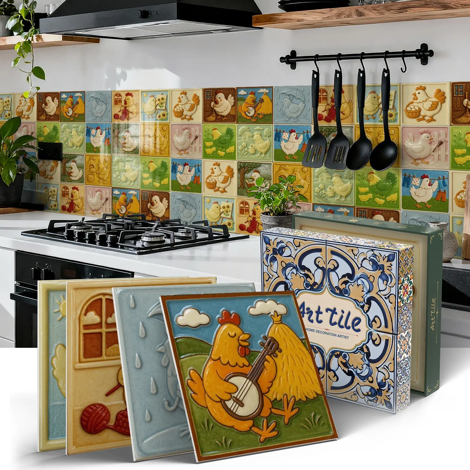 Rustic Chicken Floral Backsplash Tile Sticker, 5.9x5.9 Inch, Crystal Pe Waterproof, Peel and Stick, DIY Home Renovation