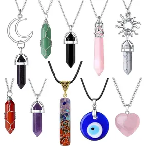 10 Count Crystal Necklace Healing Amethyst Crystals Carnelian Chakra Necklaces Evil Eye Necklace Vintage Hippie Wiccan Boho Rose Quartz Moon Sun Jewelry Heart Pendant for Women