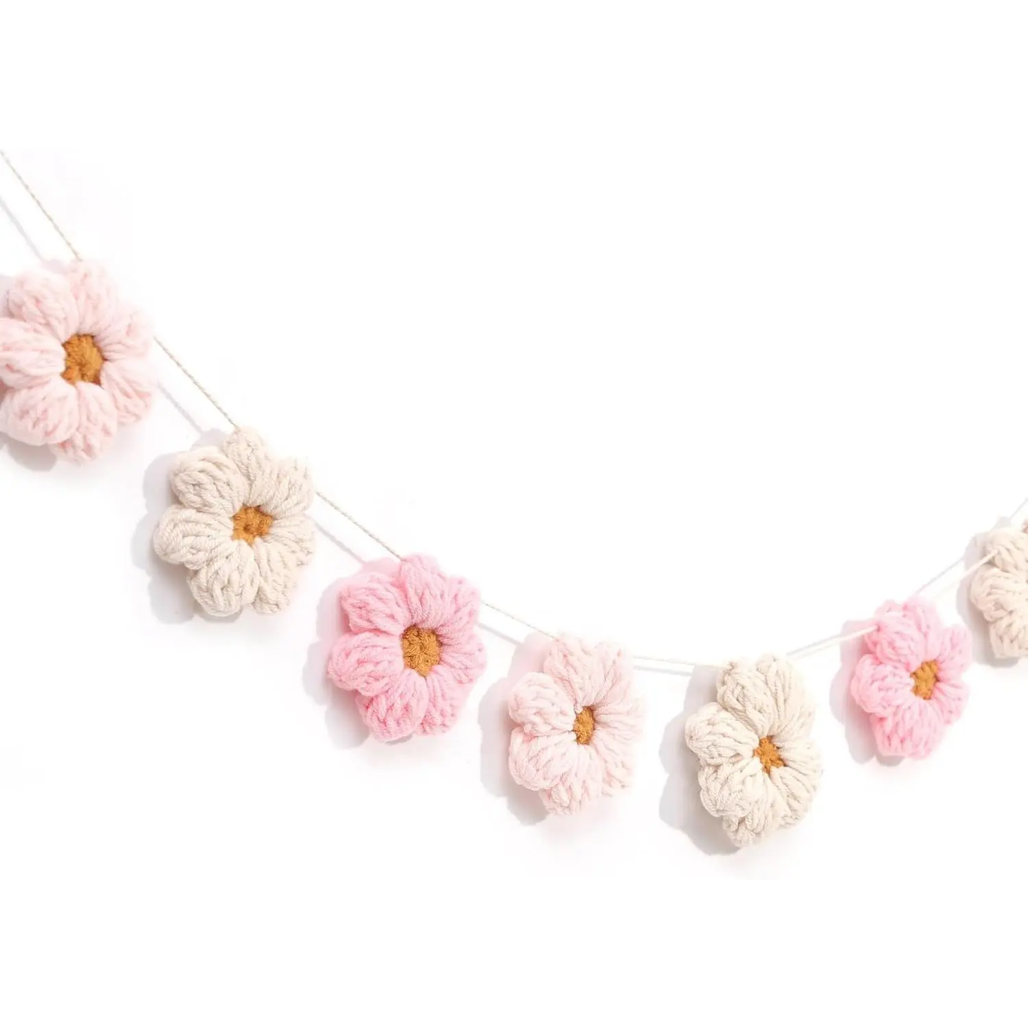 Boho Crochet Daisy Garland - Pink and Beige Yarn Floral Banner for Baby Girl Nursery Decor, Handmade Daisy Garland for Birthday Party, Boho Room Wall Hanging Decoration, Groovy one Birthday Decor