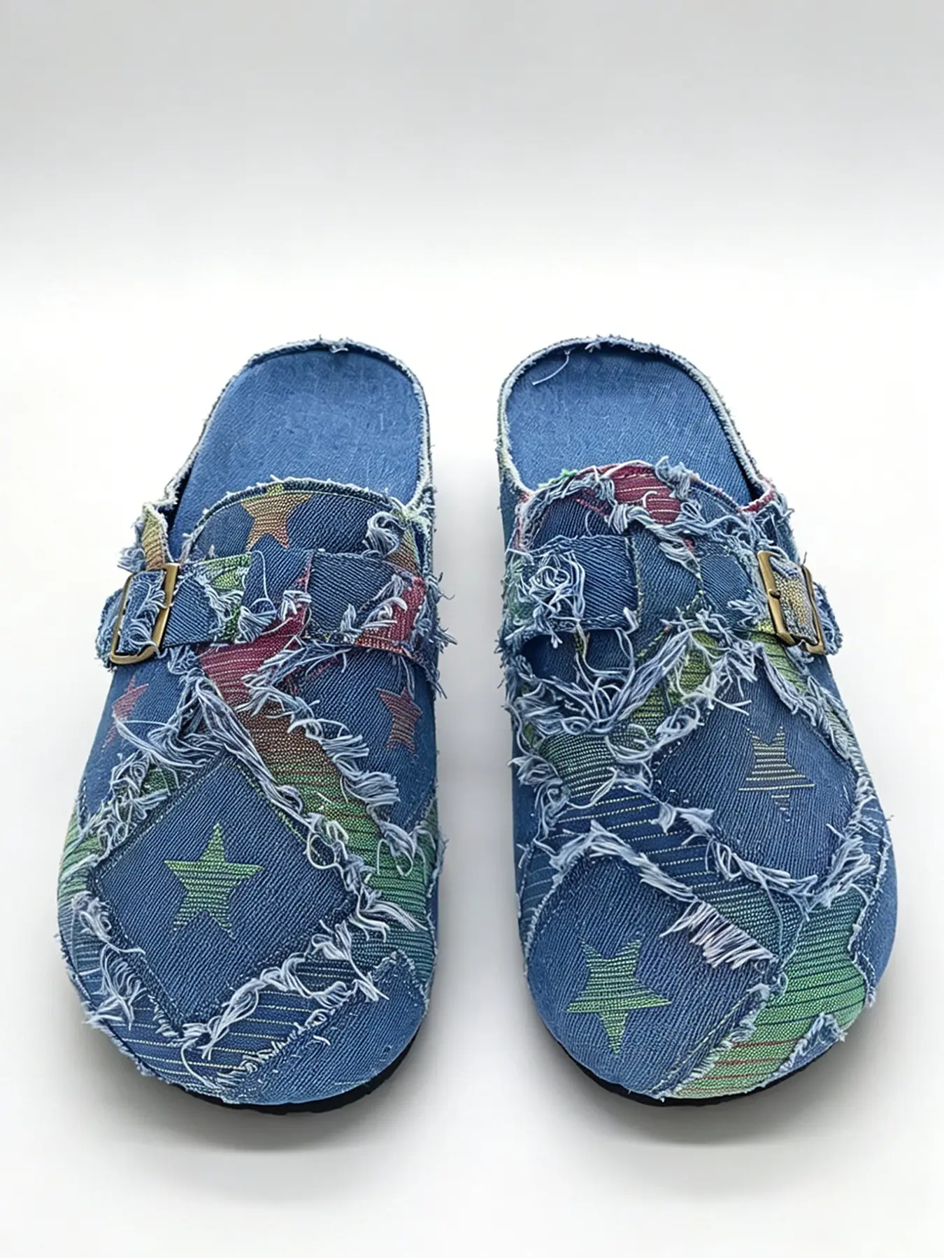 Men Vintage Frayed Patchwork Denim Mule Slides All Over Star Print Adjustable Buckle Flat Outdoor Daily Shoes Footwear