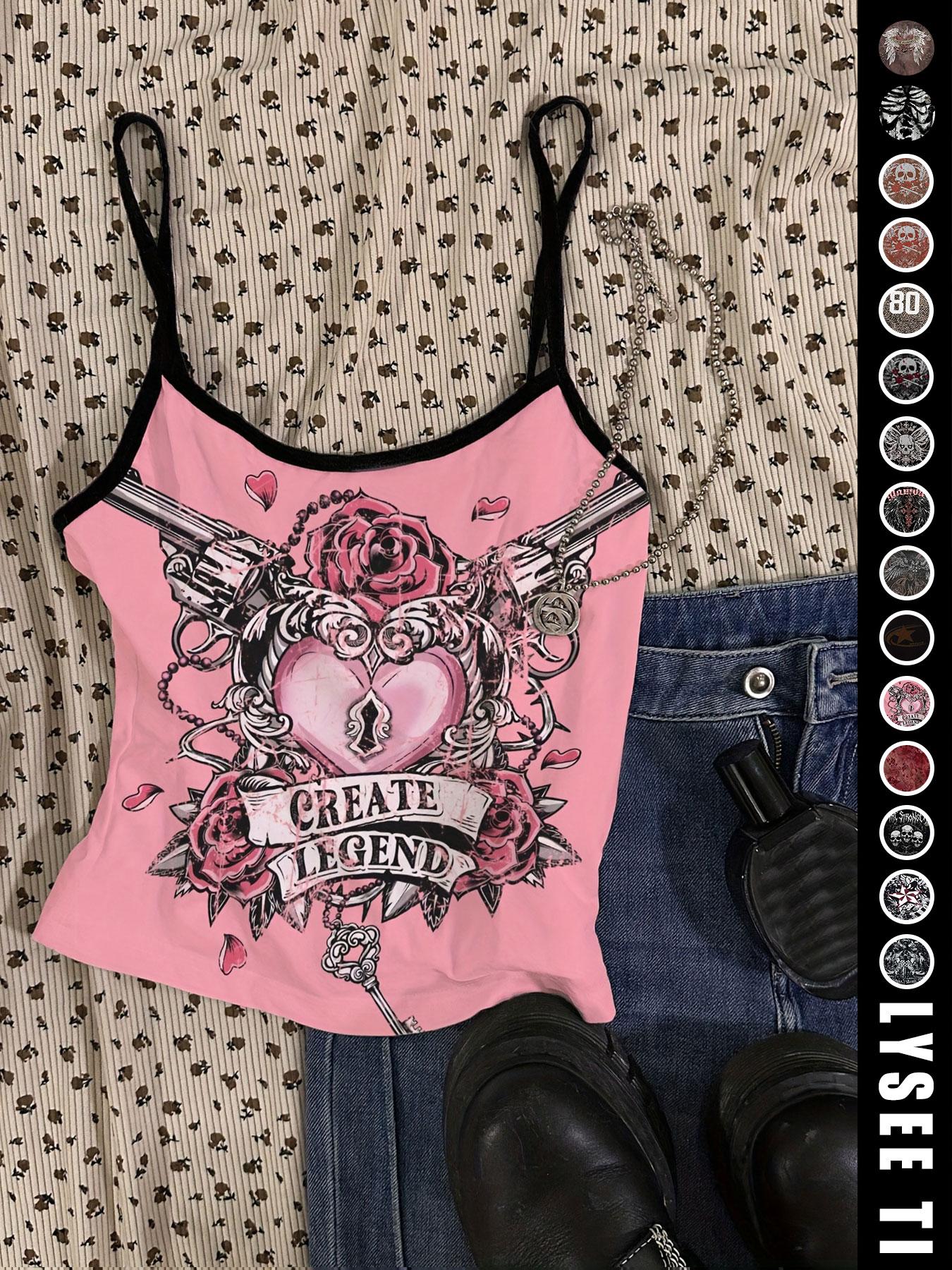 Vintage American Casual Slim-Fitting Skull Eagle Print Crop Top for Valentine's Day and Music Festival, Trendy Summer Vest for Women