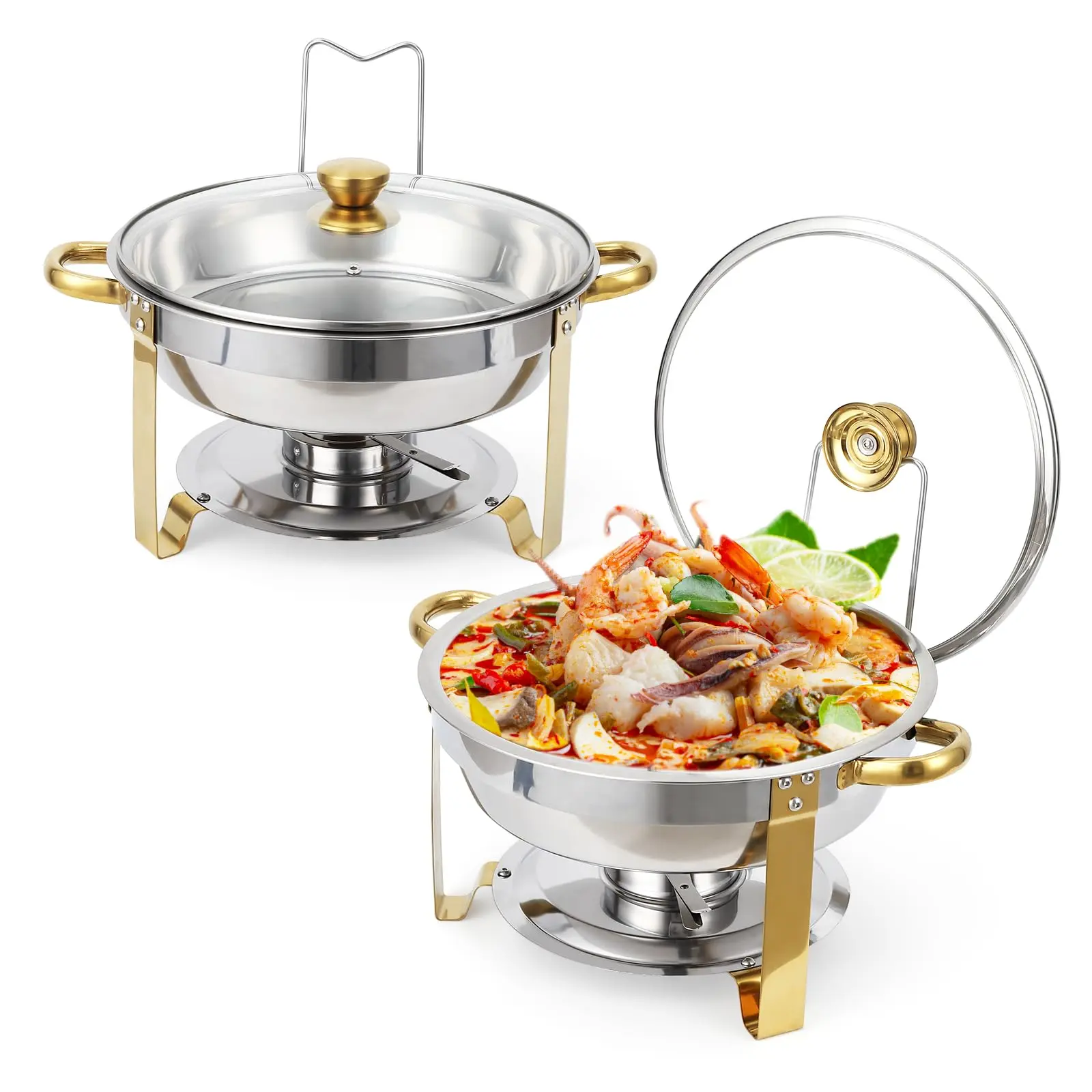 Christmas DealGARVEE 2-Pack 5QT Stainless Steel Round Chafing Dish Buffet Set with Lid Holder & Glass Lid, Buffet Servers and Warmers for Parties, Weddings, Camping, Available in Gold and Silver
