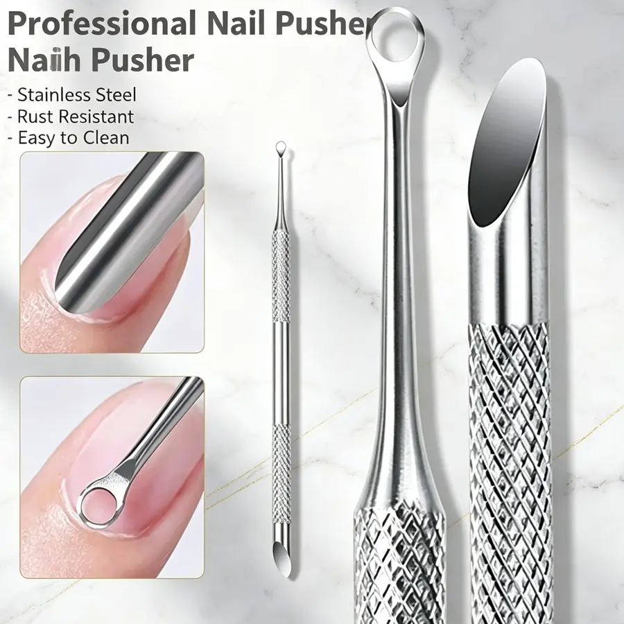 1 Russian Style Stratum Corneum Pusher Set, Stainless Steel Nail Stratum Corneum Removal Tool, Professional Round Head and Slanted Head Dead Skin Pusher, Nail Care and Grooming Set