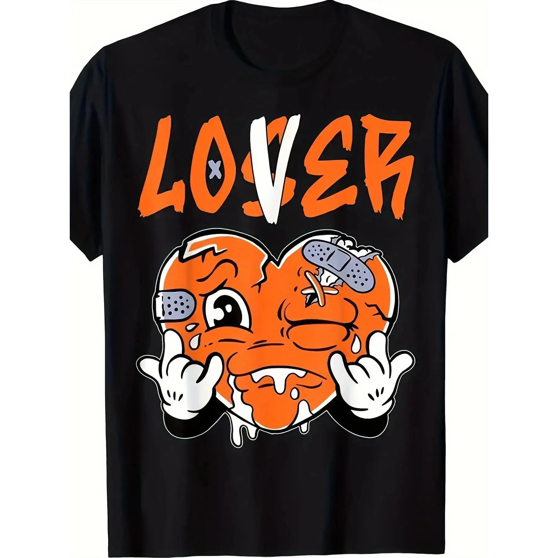 Men's 100% Cotton Retro Streetwear Graphic T-Shirt - Orange "Lover" Heart Print, Black Basics, Classic Soft Breathable Hip Hop All Over Print All Seasons Casual Top (Bible, Funny Aesthetic)