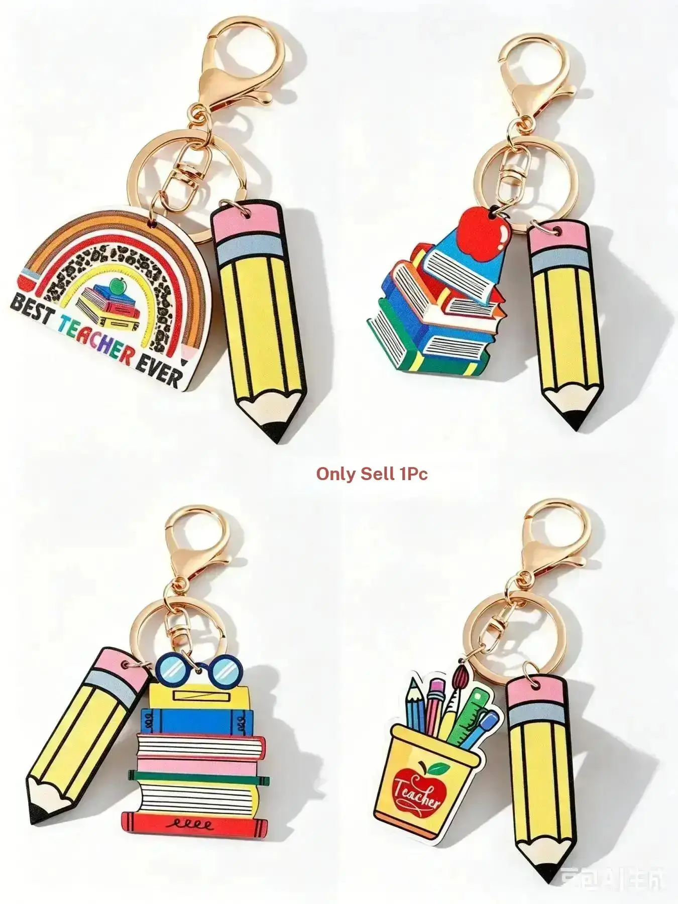 Fashion Personalized Teacher Keychain, Rainbow Colorful Geometric Shape, Pen Shape Wooden Keychain, Creative Gift for Teachers, Cool Keychains