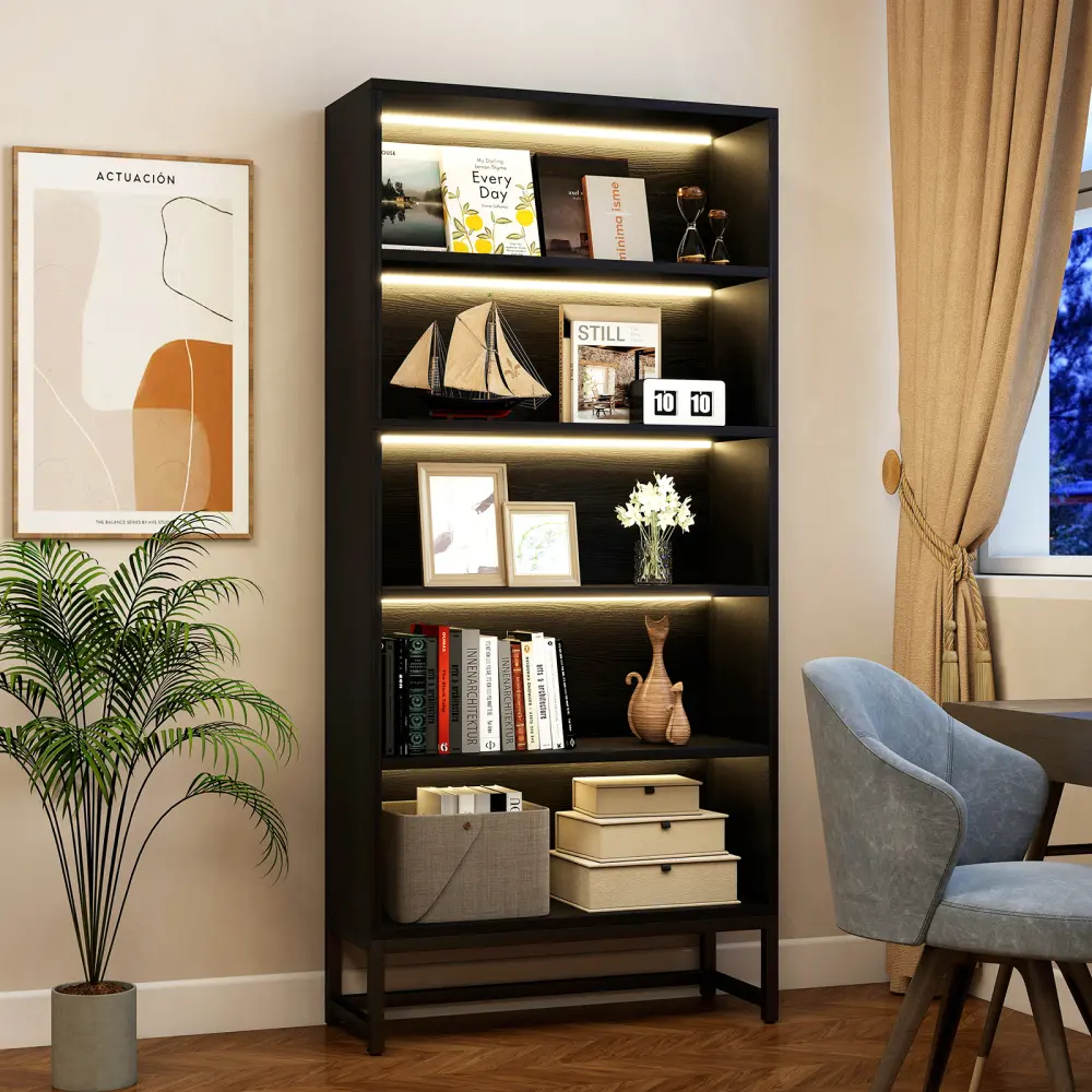 Littleox Tall Bookcase with LED Lights, 5 Tier Bookshelf with Storage, Heavy Duty Wood Bookshelf with Adjustable Lighting, Freestanding Display Cabinet for Living Room, Bedroom, Home Office, Study Room (Black)