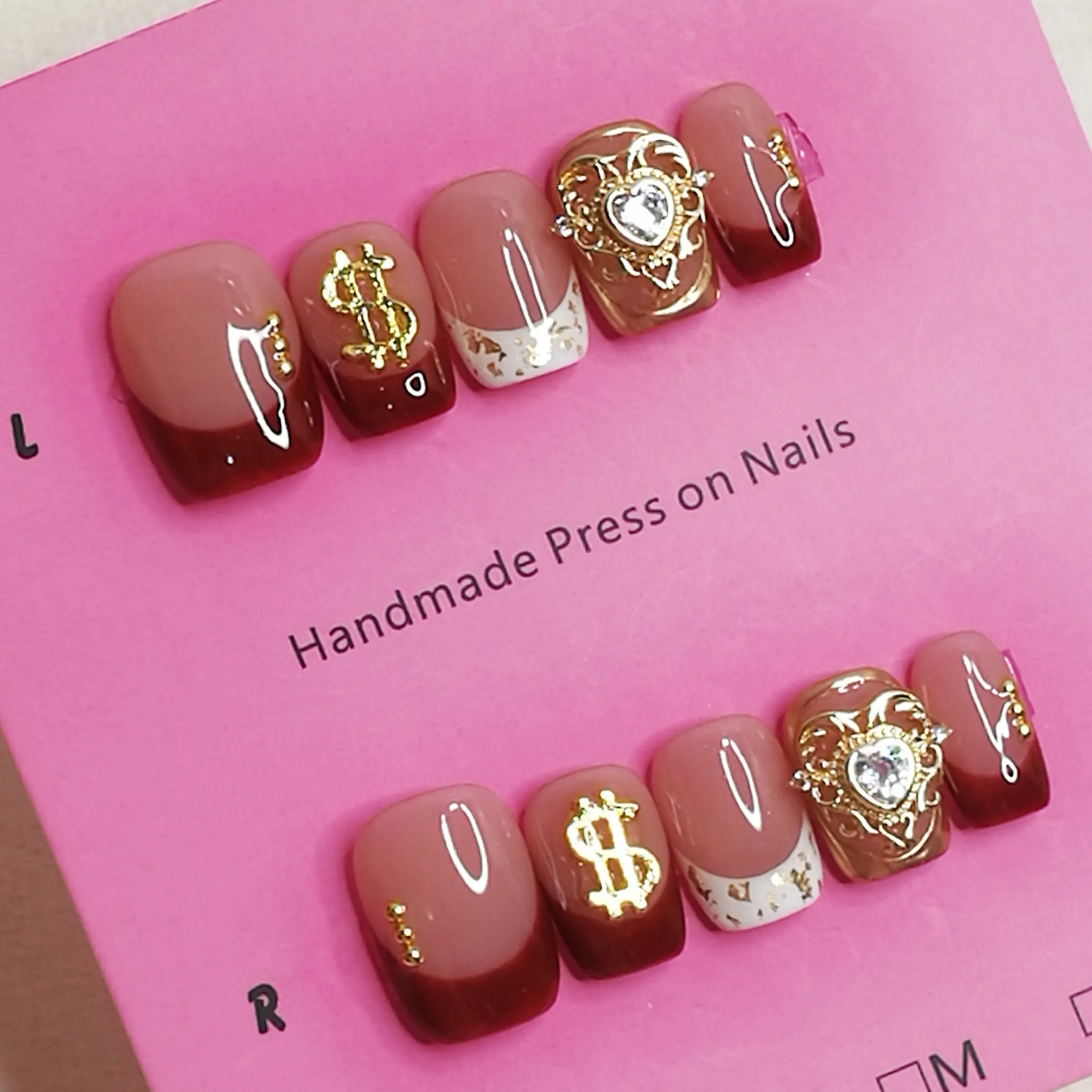 Rich Girl Gold Heart Rhinestone Detail Handmade Press on Nails, Squoval Short Nails, 2k Style, Heart Drills, Wine Gold Foil, French, 10 Pairs, Gift for Girls, Parties, Home Gatherings, Luxury Handmade Press on Nails SAlON QUALITY