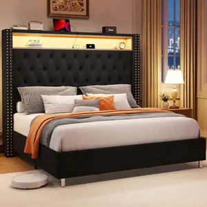 Queen/King Size Velvet Upholstered Platform Bed With Wingback Design, Integrated LED Lights, Charging Station, And Under-Bed Motion Sensor Lighting – No Box Spring Required, Built-In Storage, Black