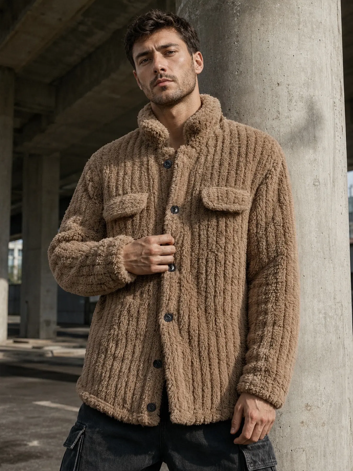 Men’s Cozy Teddy Fleece Shacket, Soft Plush Long Sleeve Button-Down Jacket, Solid Color Casual Fall Winter Coat, Birthday Holiday Gift for Husband Dad or Boyfriend