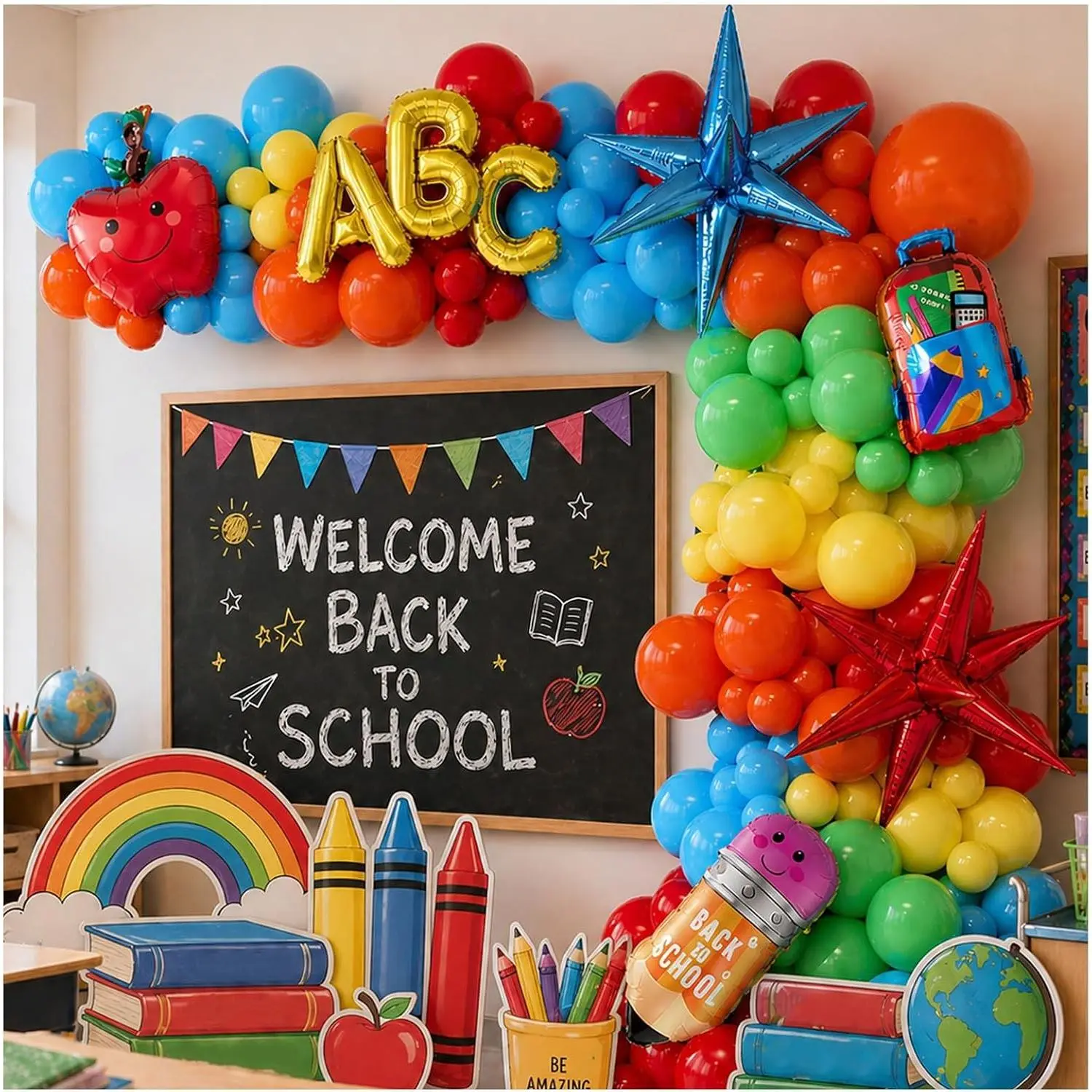 Back to School Balloon Arch Kit, 152Pcs Rainbow Balloon Arch with Pencil Apple Schoolbag ABC Foil Balloons, Preschool Graduation Decorations & First Day Party Backdrop Decor (Red)