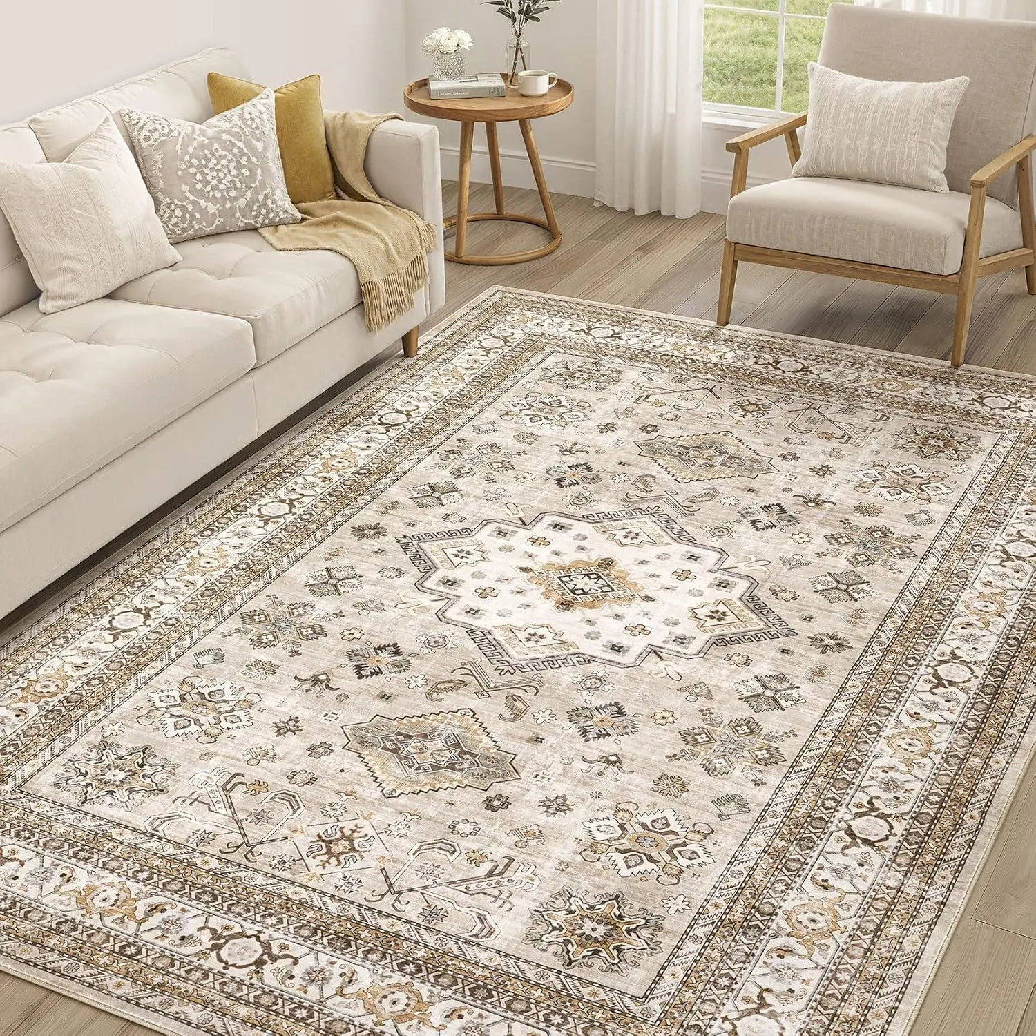 5x7 Size Beige Vintage Oriental Print Farmhouse Area Rug - Soft, Washable, Distressed, Stain-Resistant Indoor Floor Accent for Living Room Decor, Vintage Home Decor,dorm room inspo,college dorm essentials,dorm haul