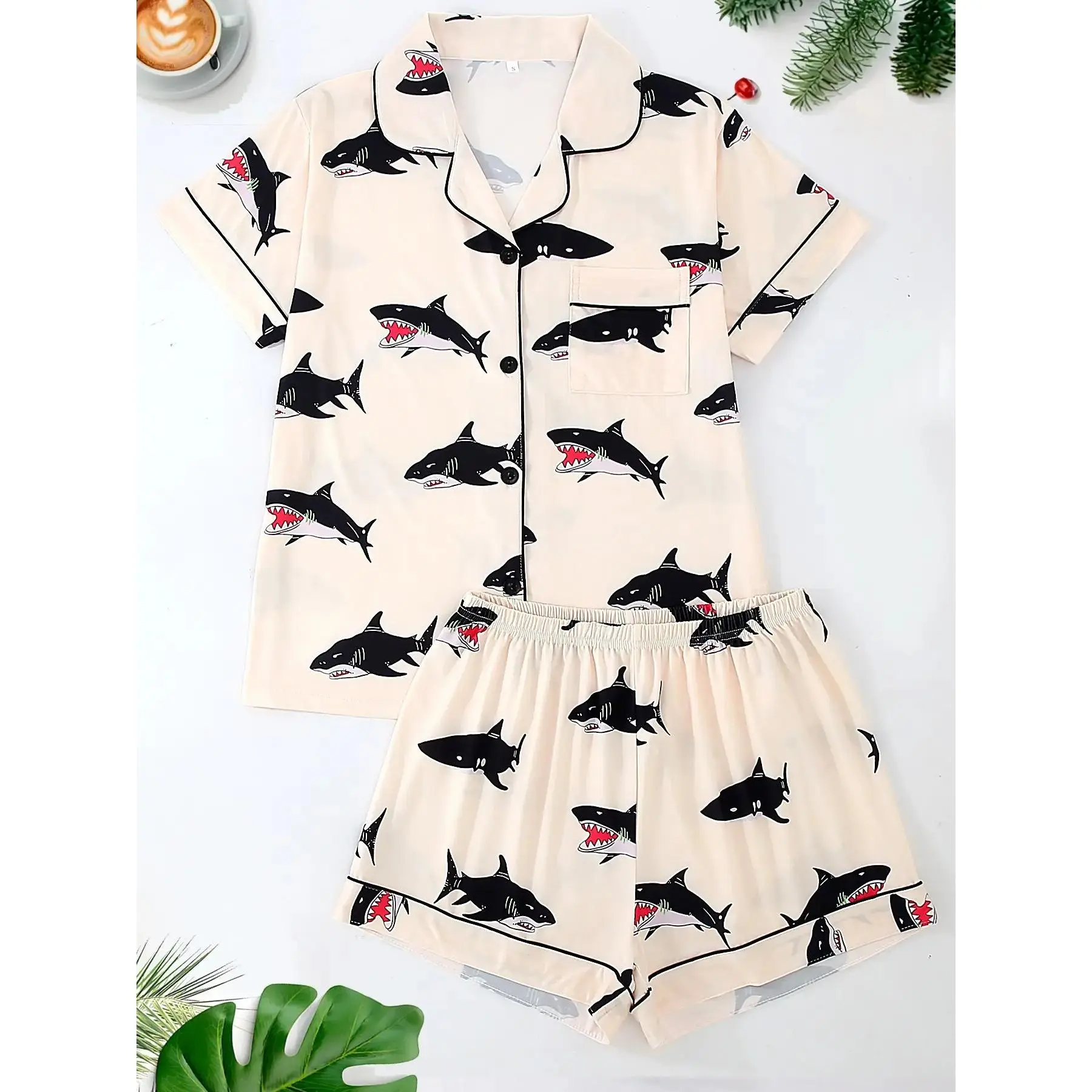 Women's Sleepwear Set, Collared Short Sleeve Cardigan & Loose Elastic Shorts, Ocean Animal Shark Full Print, All Seasons Comfortable Fit, Pajama Set, Loungewear, Sleepwear Pajamas Set, Comfy Loungewear Set, Pyjamas