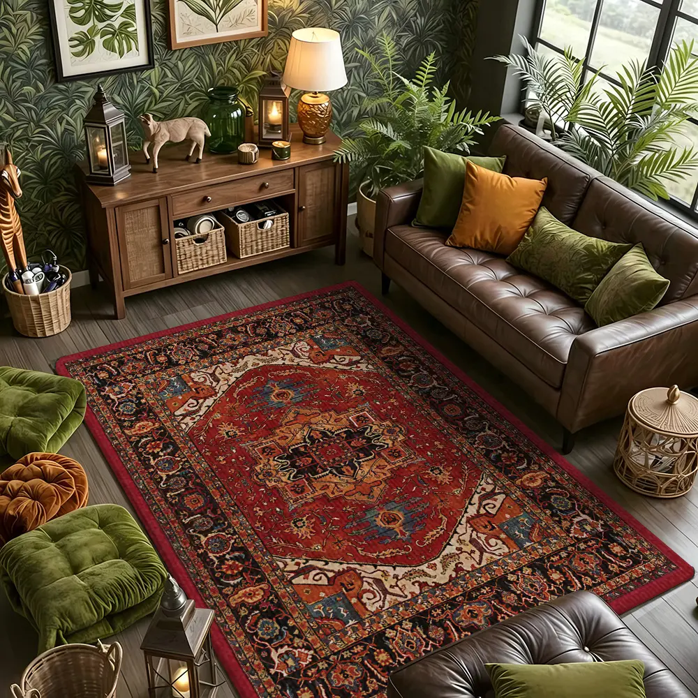 Vintage Red Distressed Persian Medallion Flannel Living Room Rug #AntiquePersianMedallionRug #BohoMulticolorOrientalMat #FlannelCarpet #RusticEthnicHomeDecor