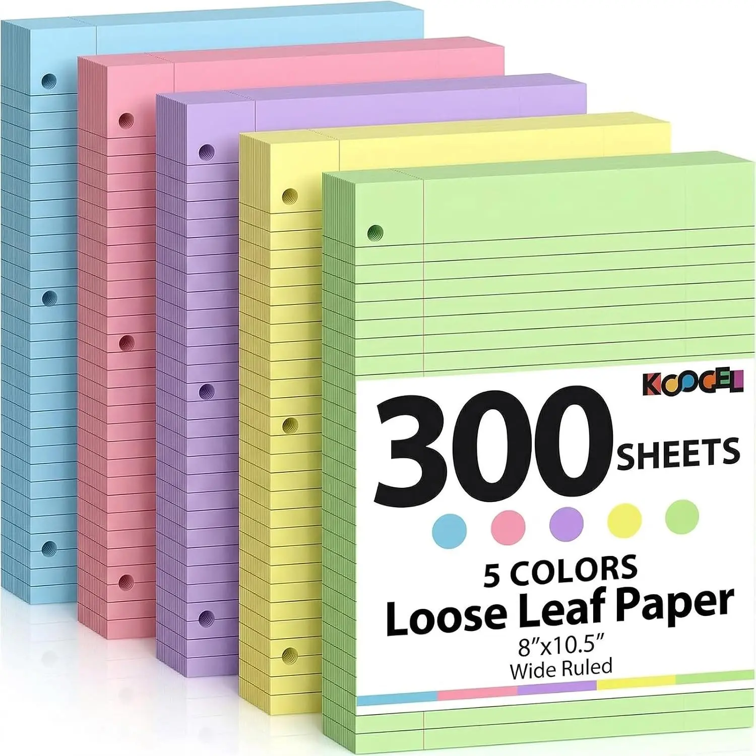 Wide Ruled Loose Leaf Paper, 8 x 10.5 Inch Filler Notebook Lined Paper, 5 Color, 3 Hole Punch Lined Writing Notebook for 3 Ring Binders for College Essentials School Office Supplies, 300 SheetsGift.