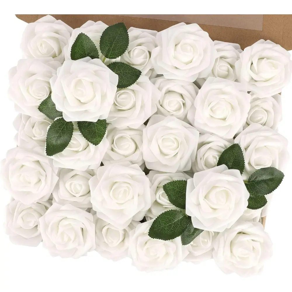 50pcs 18cm White Latex Foam Real Touch Roses Bulk Set - Faux Artificial Flower Plant with Bendable Wires, Universal Stems, Natural Look, Home Decor Ornaments for Wedding Arrangements, DIY Bridal Bouquets Decoration
