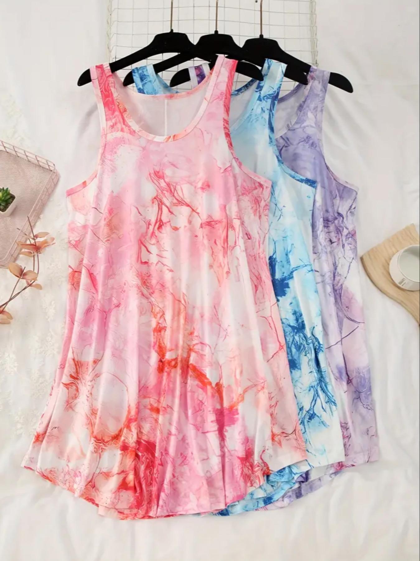 Plus Size Tie Dye Print Tank Nightdress, Casual Soft Comfortable Round Neck Sleeveless Nightgown For Women, Women's Sleepwear For All Seasons