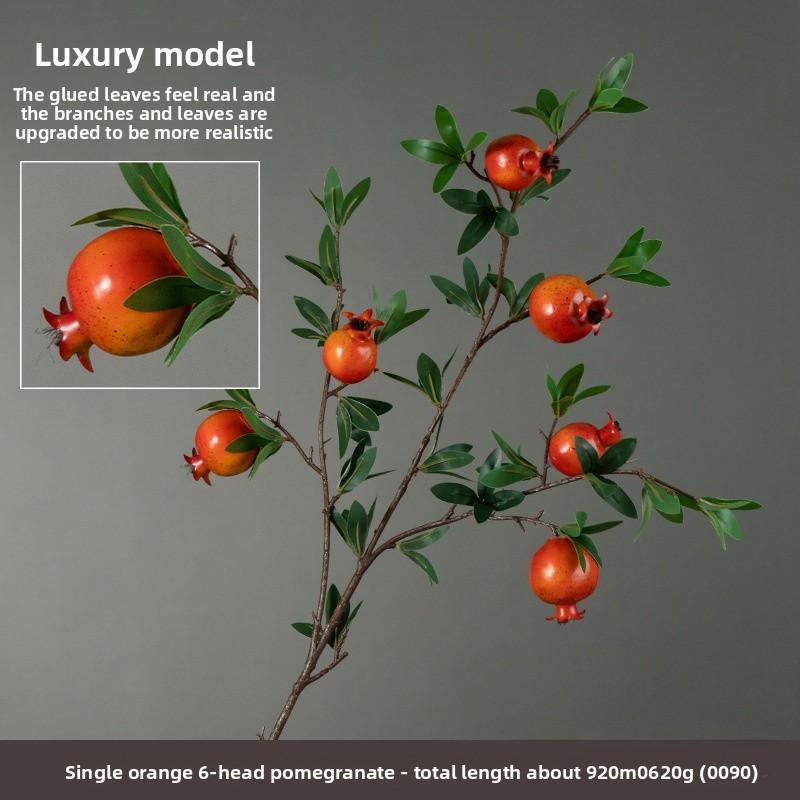 Artificial flower 6-headed pomegranate branch with pomegranate fruit ornament for housewarming, New Year's decoration, home living room floor decoration