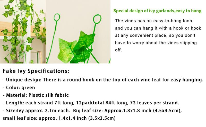 84Ft 12 Pack Artificial Ivy Leaf Plants Vine with 80 LED String Light,Green Vines Garland, Hanging for Home Kitchen Office Wedding Wall Décor