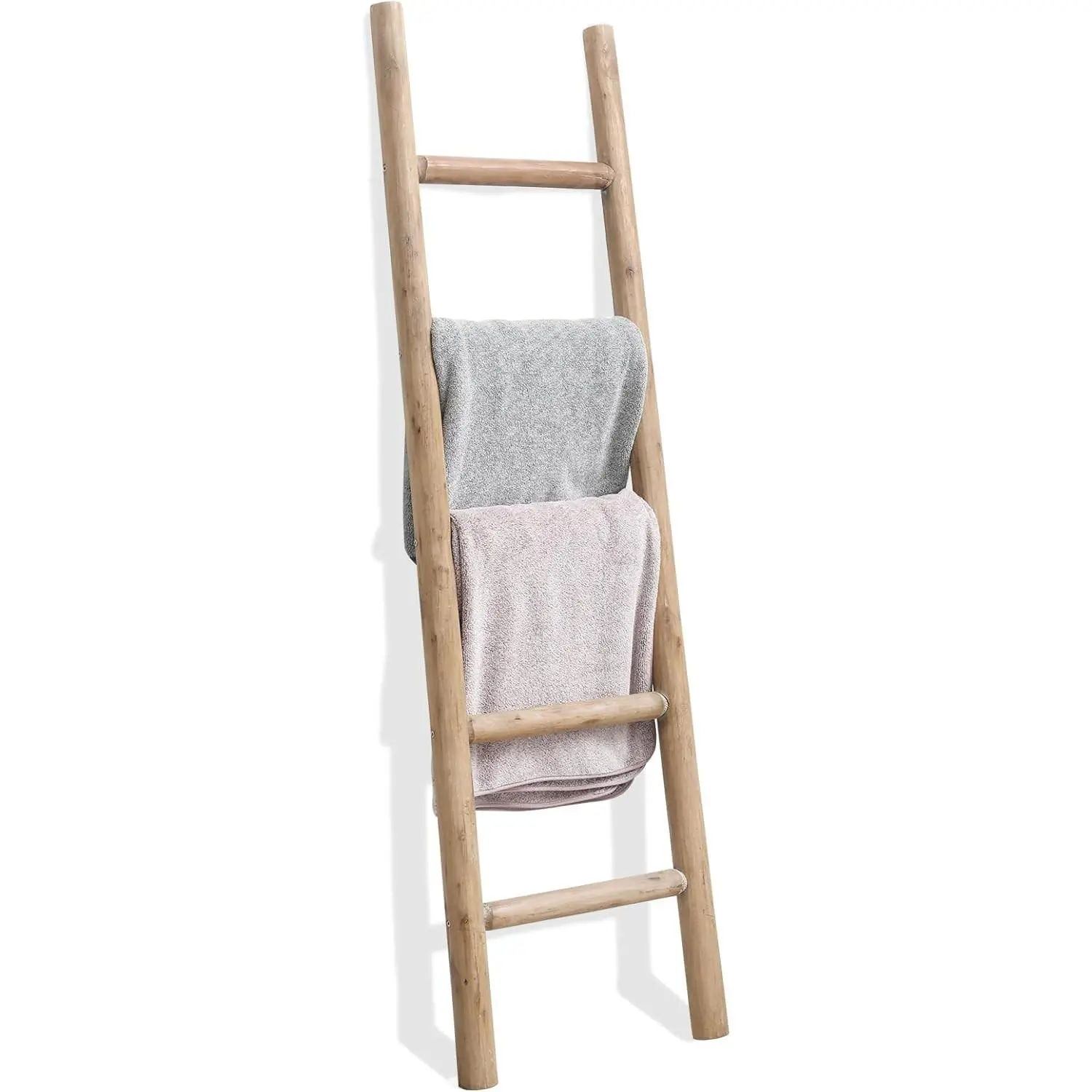 Blanket Ladder, 57in Rustic Solid Wood Decorative Ladder, Brown | Farmhouse living room accent, Layered blanket towel quilt display, Visible wood grain, Bathroom and Bedroom use