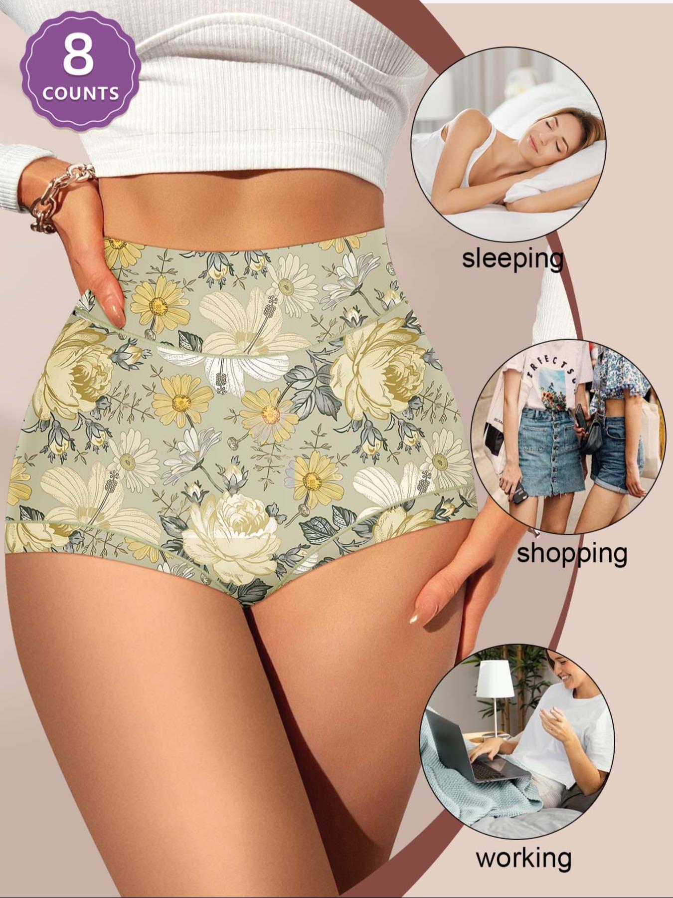 Women's Floral Pattern High Waist Underwear, Comfortable Fitted Design, All-Season Casual Style, Printed Pattern, Soft Fabric, Pack of 8