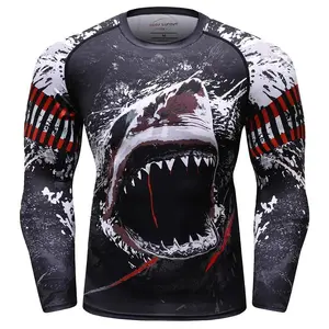Men's Sports Fitness Shark Print Long Sleeve Compression Top Elastic Breathable Workout Clothing Casual Daily Wear