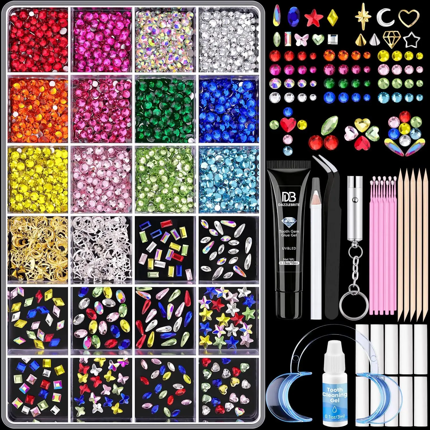 DAZZLEBRITE Tooth Gem Kit, 24 Grids Teeth Gems Kit, Beginners Starter Crystals Teeth Jewelry Gems for Women Men, Bedazzling Tooth Gems Kit for Teeth with Pickup Tools