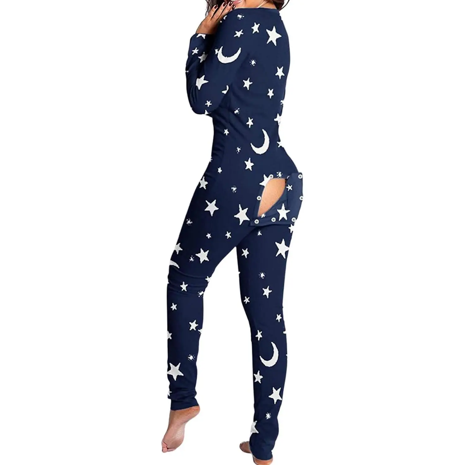 Women Butt Button Back Flap Jumpsuit Pajamas V-Neck Button Down Long Sleeve One Piece Bodysuit Rompers Sleepwear