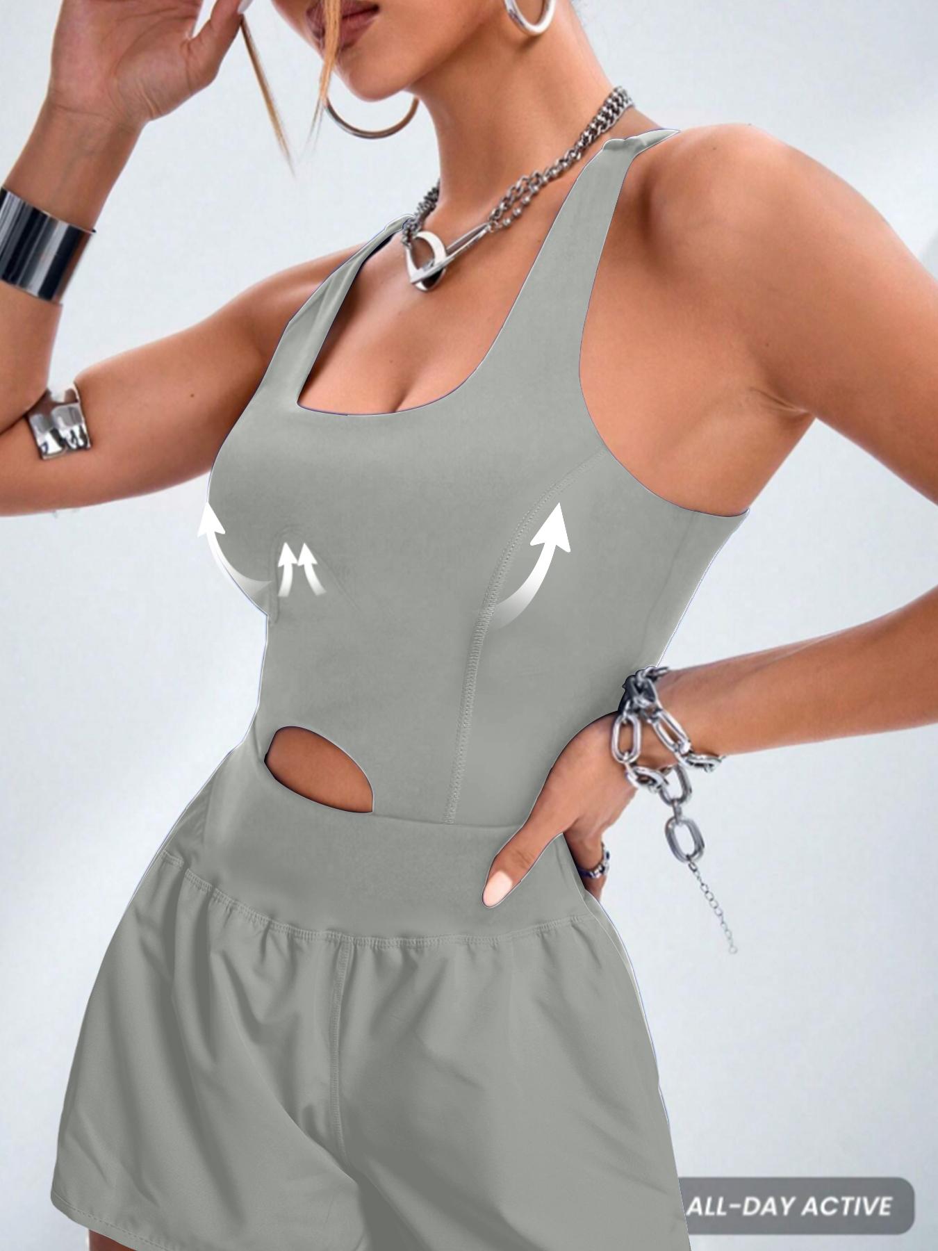 Women's Solid Color Racer Back Sports Romper with Removable Chest Pad, Casual Comfy Breathable Sleeveless Jumpsuit for Yoga Gym Workout, Ladies Sportswear for All Seasons, Sporty Jumpsuit