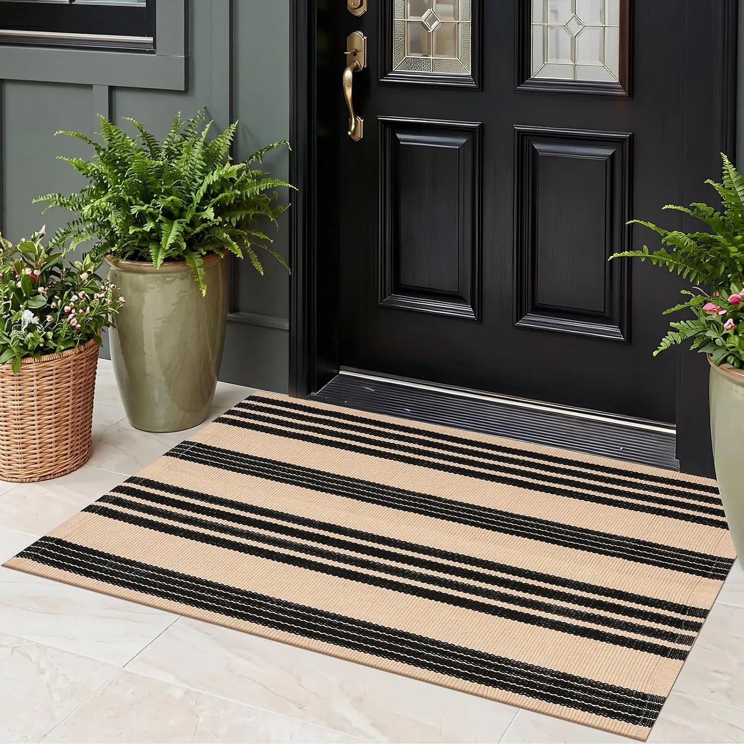 Striped Front Door Mat, 3'x5' Outdoor Rug  Hand-Woven for Entrance | Black Brown Striped, Layered Doormat, Handwoven , Soft, Machine Washable, Lightweight, Timeless Decor Style