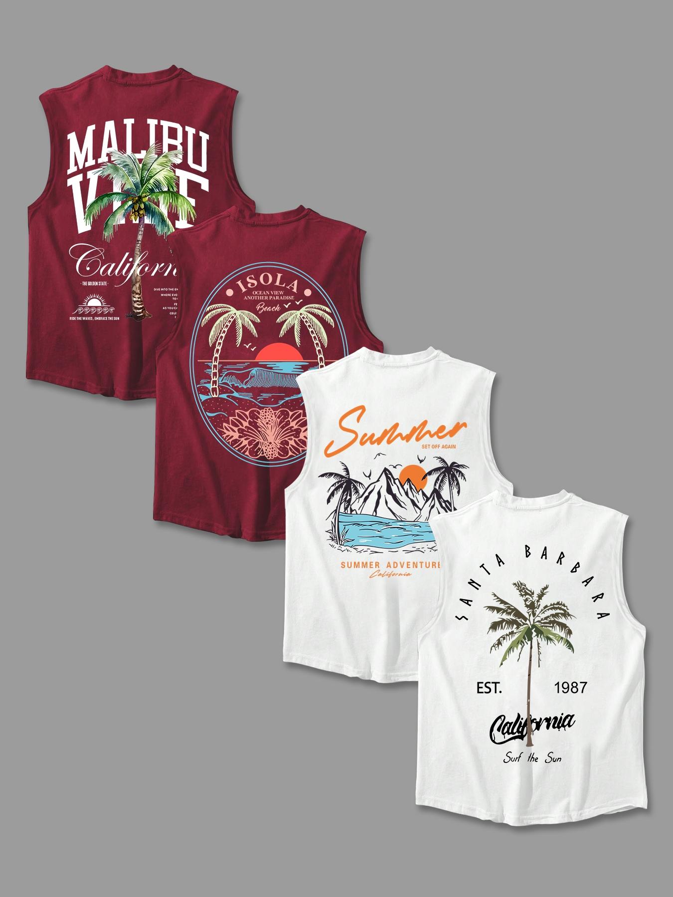 Men's Letter & Tropical Print Round Neck Tank Top, Regular Fit Casual Sleeveless Crew Neck Vest for Summer, Men's Top for Daily Wear, Sleeveless Tank Tops