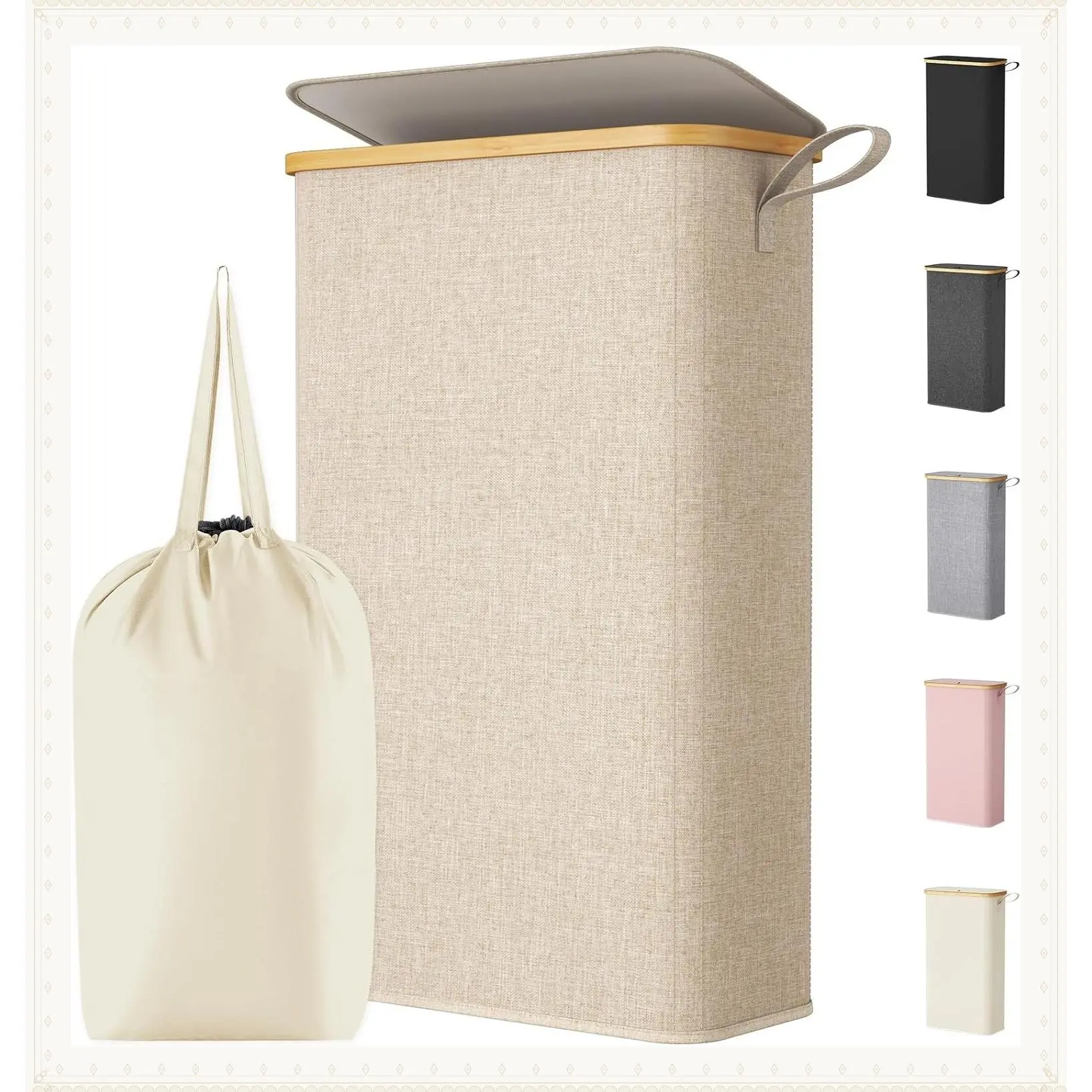 65L Slim Laundry Hamper with Lid, Narrow Laundry Basket with Removable Bag & Bamboo Handles, Fodable Thin Dirty Clothes Hamper for Laundry Collapsible Bin for Bathroom Bedroom Dorm, BeigeGift