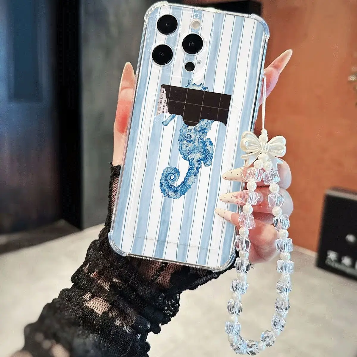 Blue Watercolor Seahorse Phone Case Nautical Aesthetic Shockproof Cover for iPhone11-17promax IPhone11/12/13/14/15/ Promax16/16Promax/16pro/16p