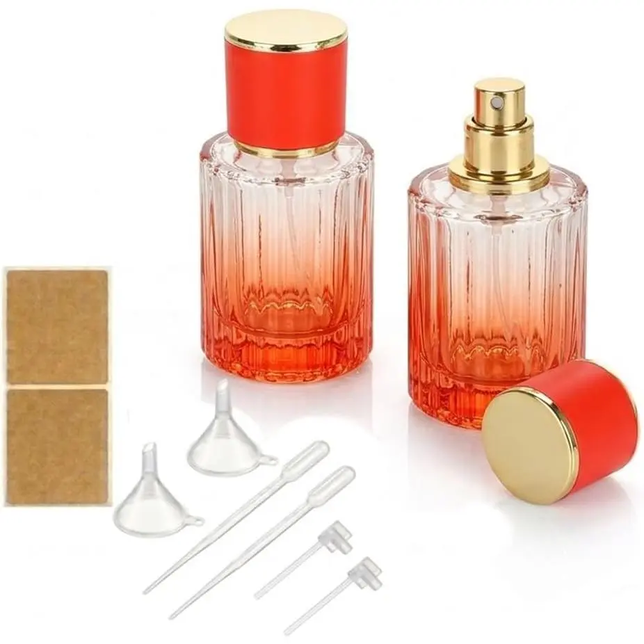 2-Pack 30ml Red Gradient Glass Perfume Atomizer Bottles, Empty | Filling bundle has 2 pumps, 2 funnels, 2 pipettes and 2 labels; distinct finish clearly separates cologne blends at a glance